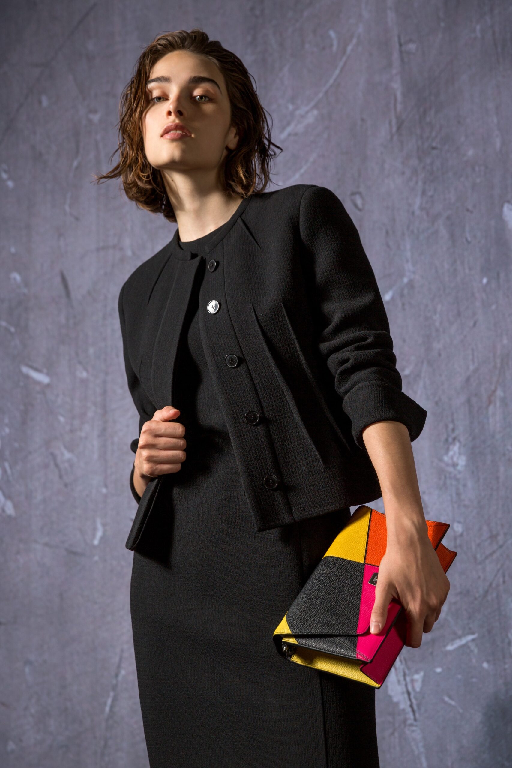 black fitted jacket and dress