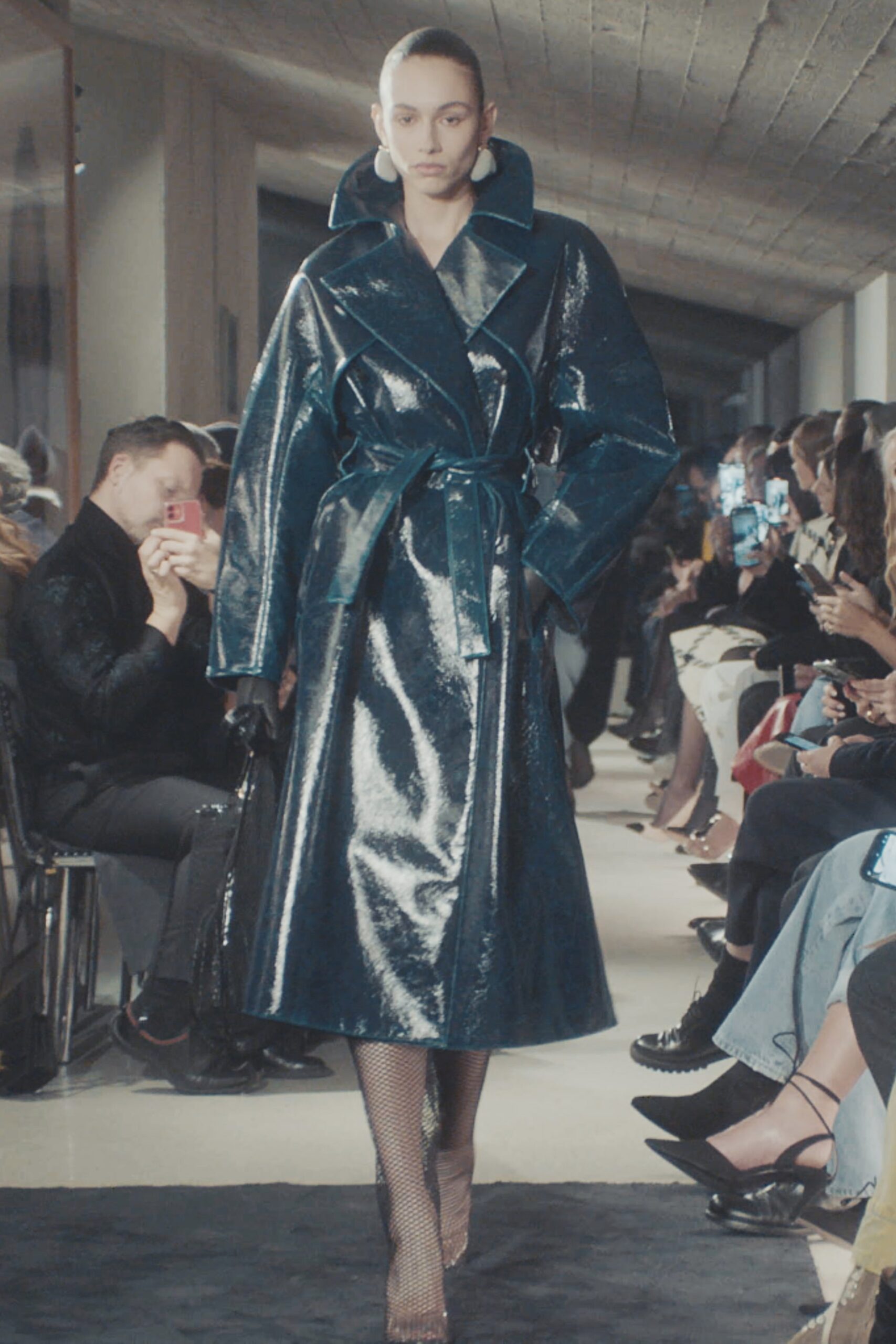 blue vinyl belted coat