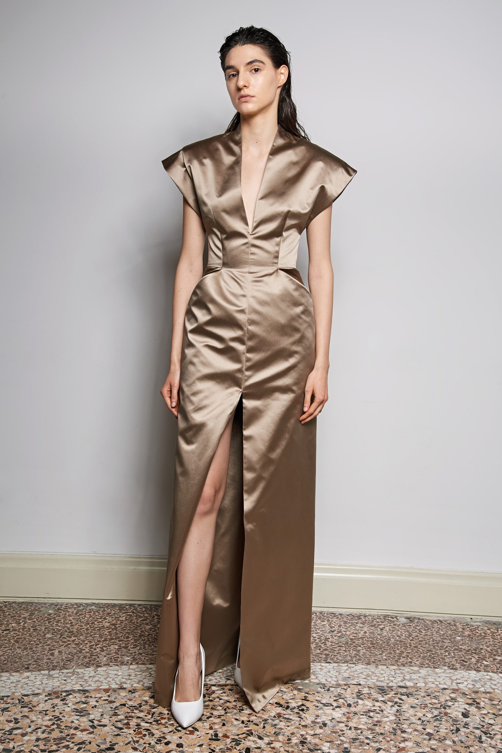 beige satin fitted gown