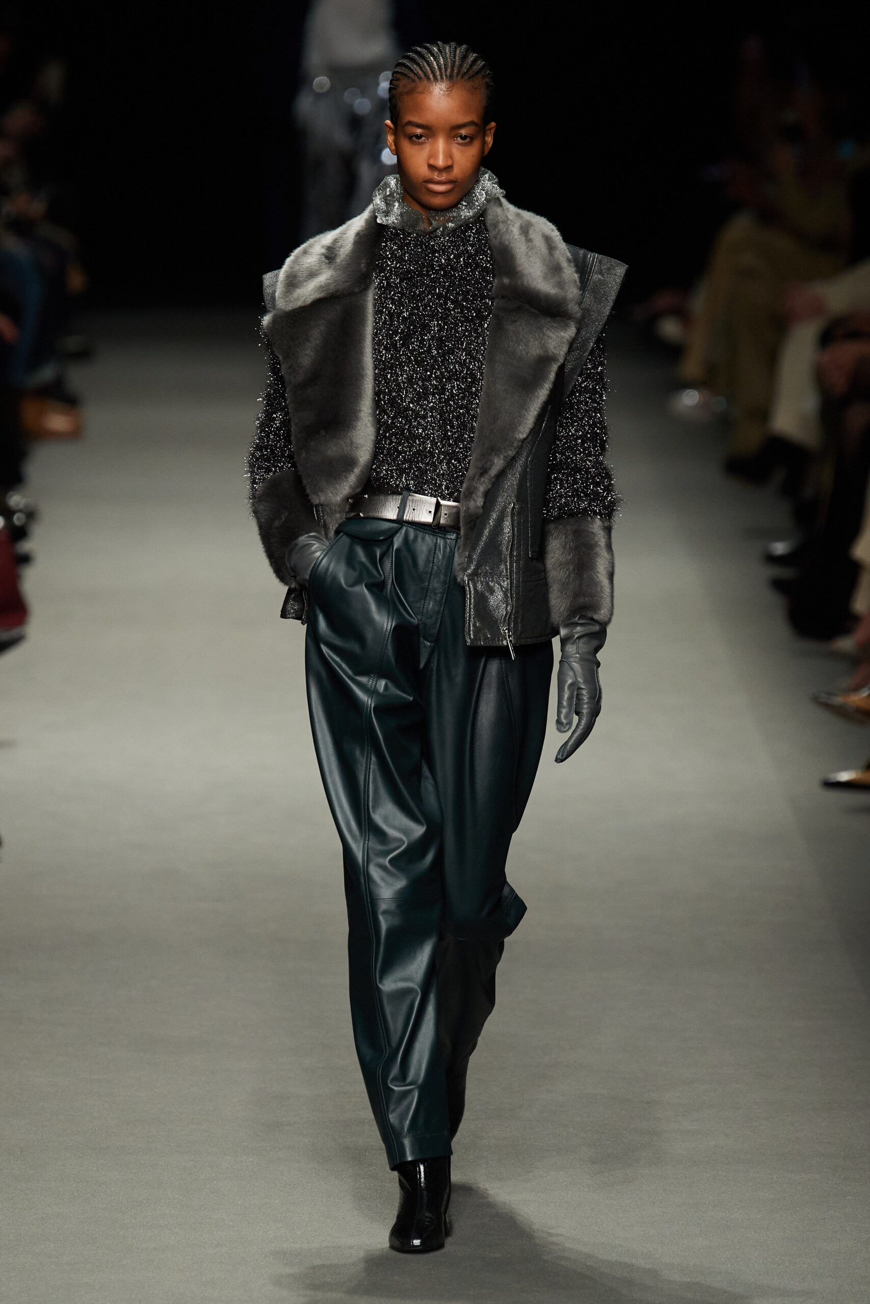 fitted gray wool top with fur vest
