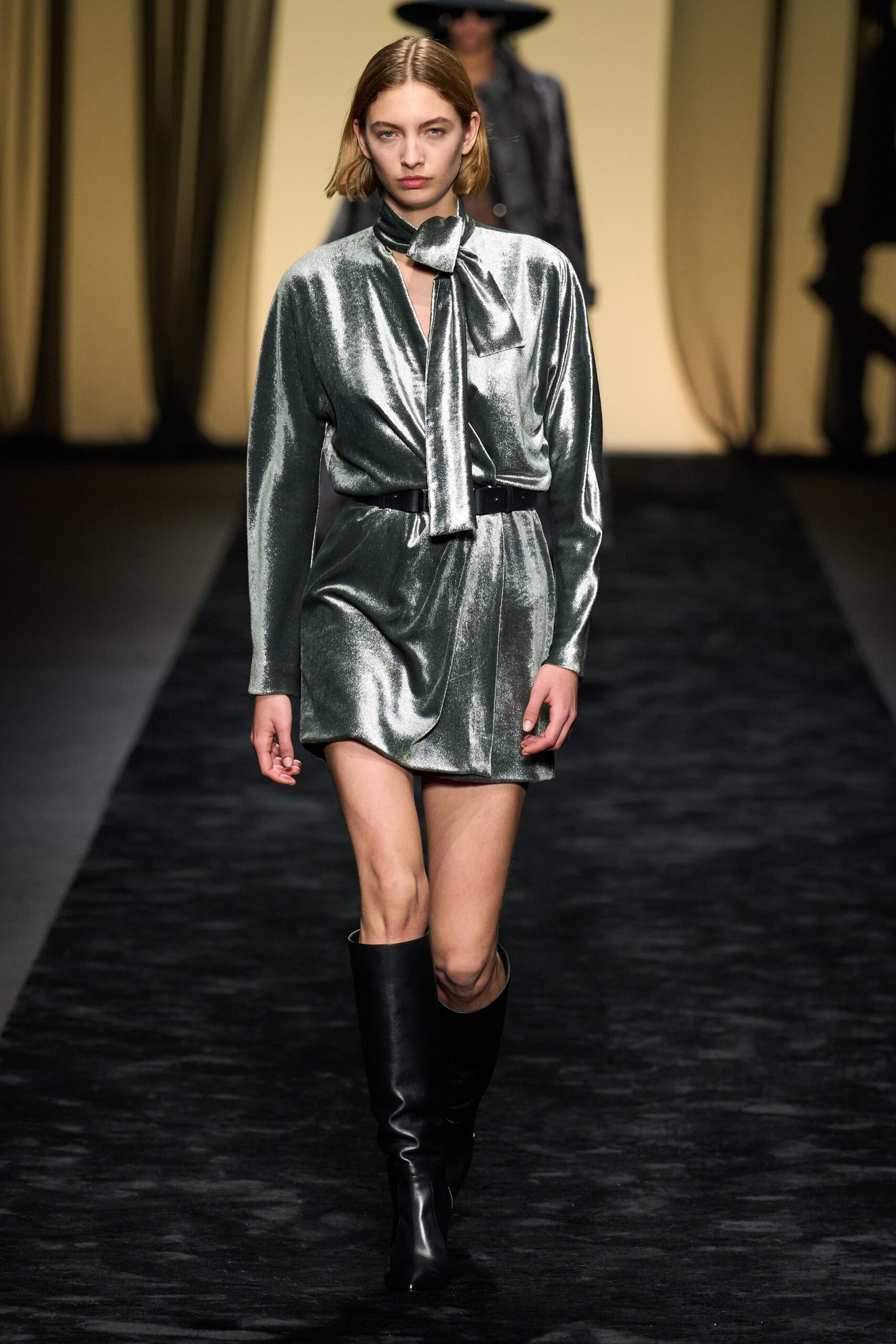 gray velvet long-sleeve collared fitted belted shiny dress