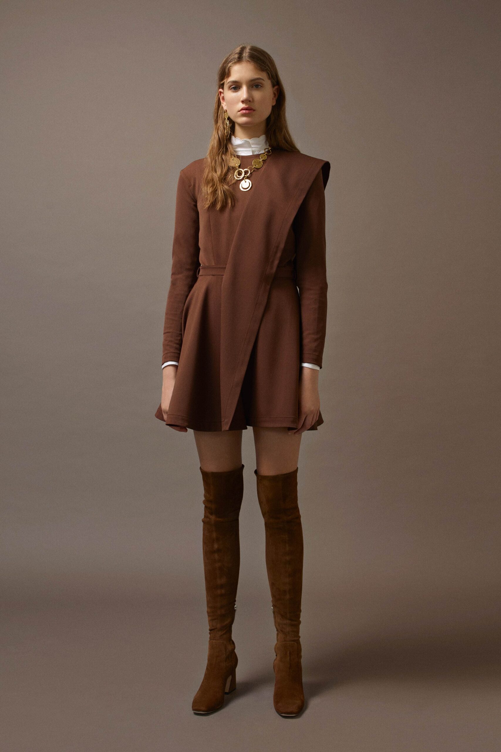 brown fitted mini dress with boots