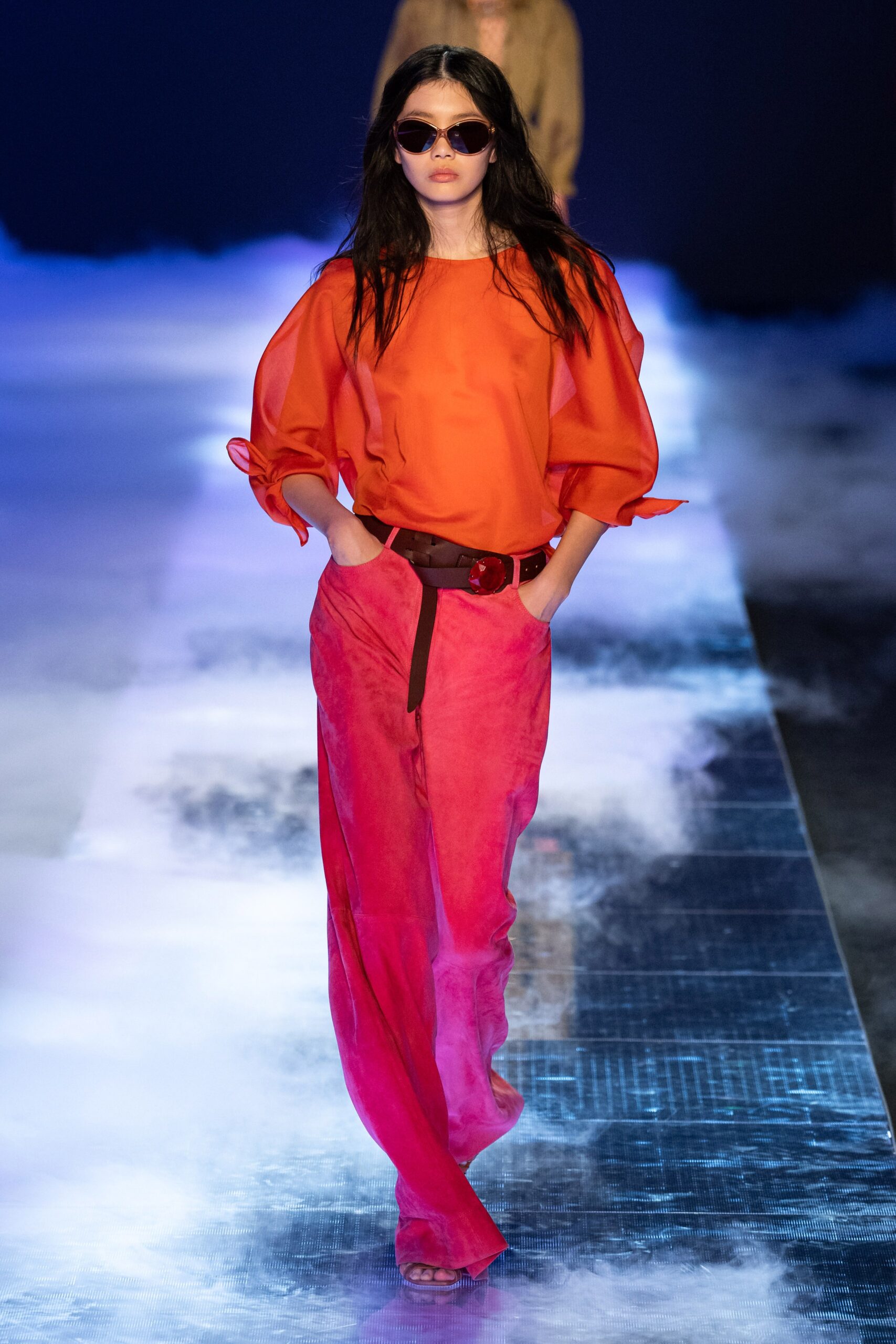 pink suede fitted straight-leg pants