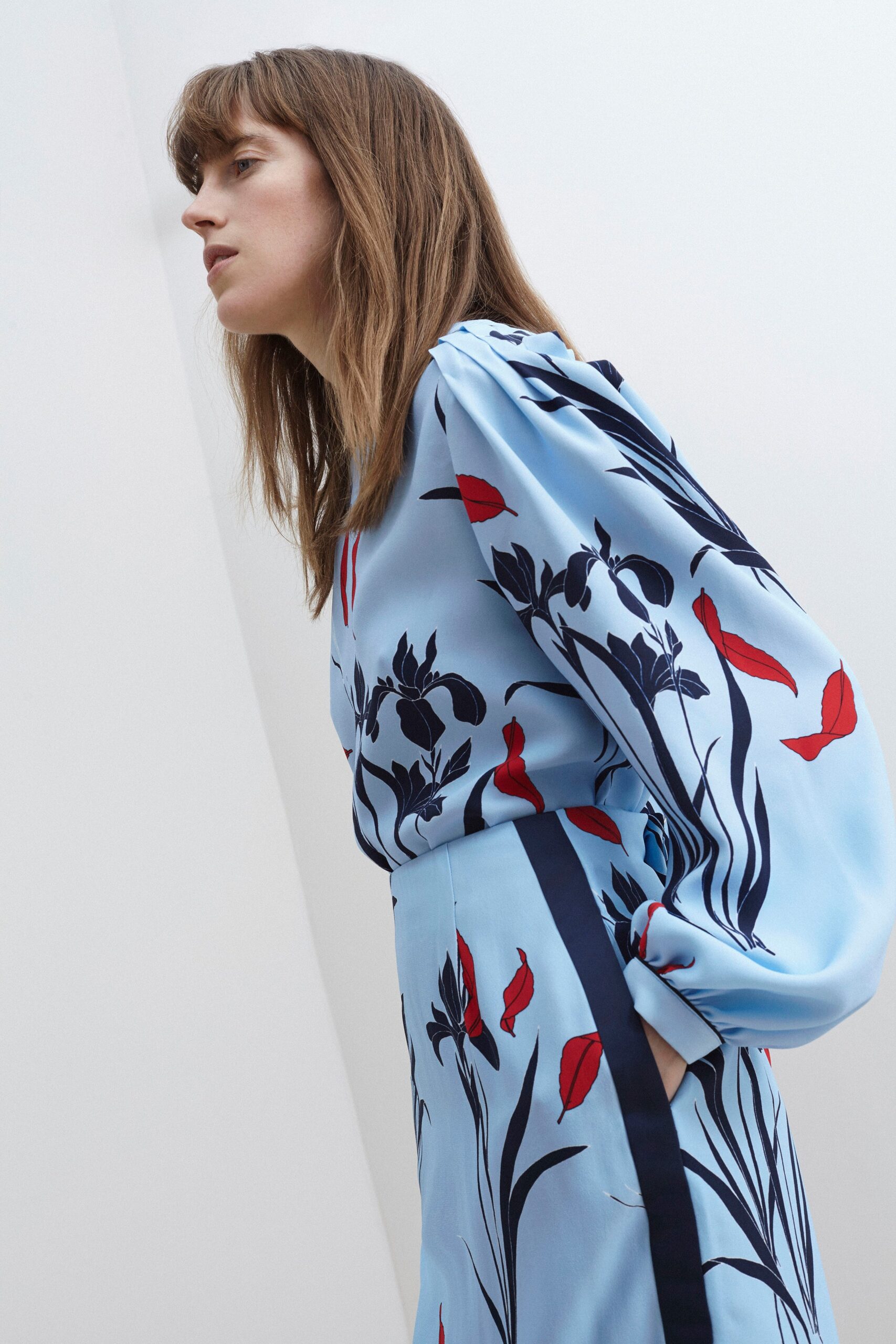 blue silk long-sleeve collared relaxed printed blouse