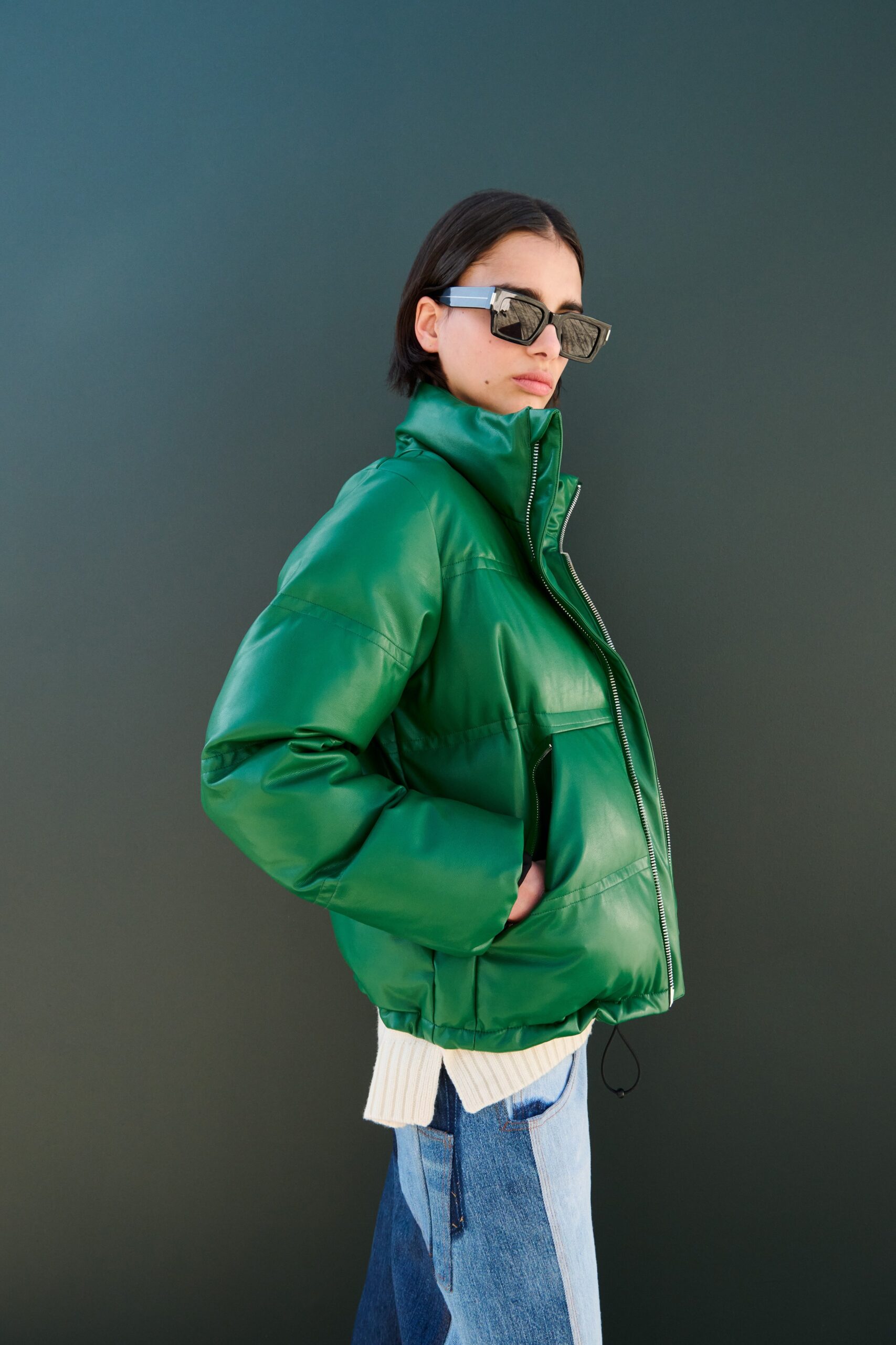 green leather long-sleeve collared oversized zippered jacket