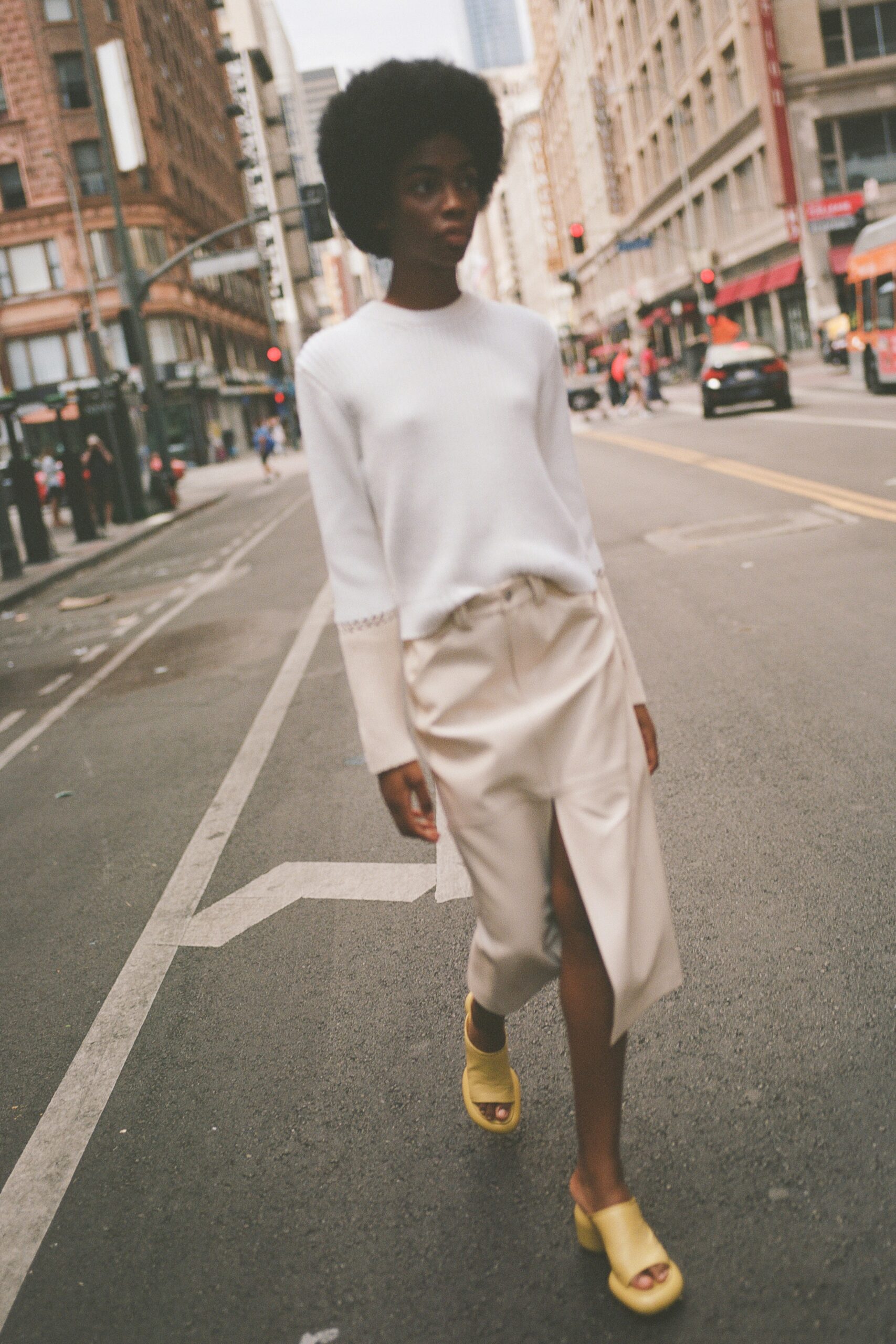 beige silk slit fitted high-waisted midi skirt