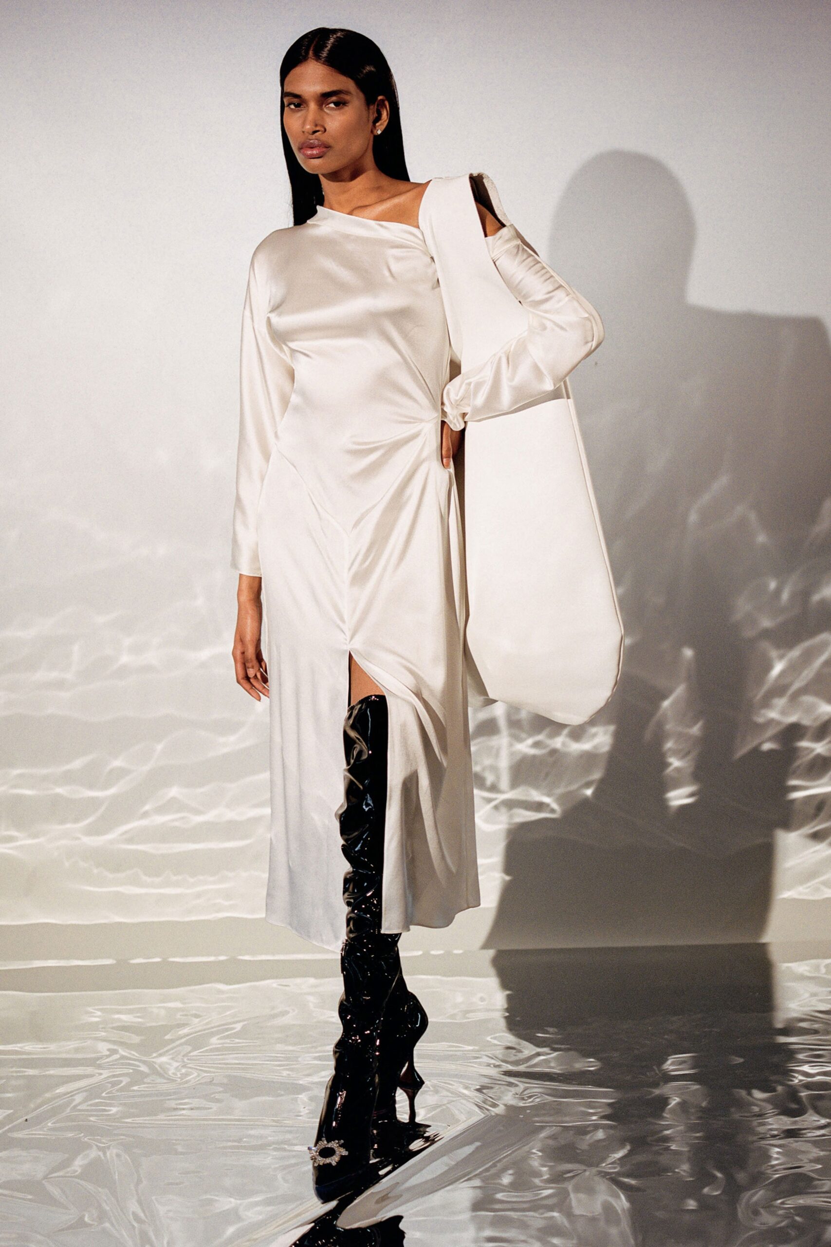 white silk long-sleeve v-neck fitted draped shiny dress