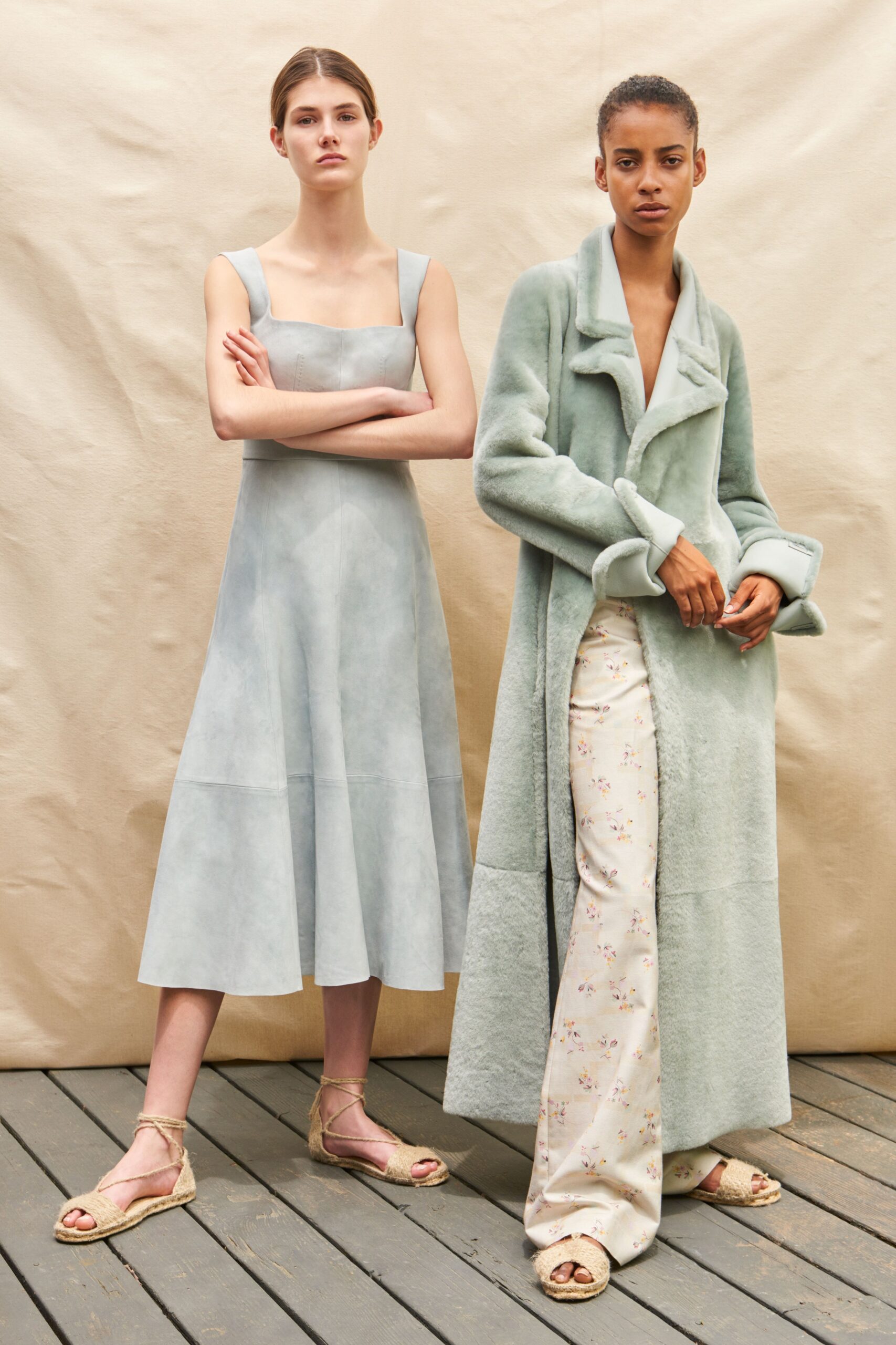 blue leather midi dress and green faux-fur coat