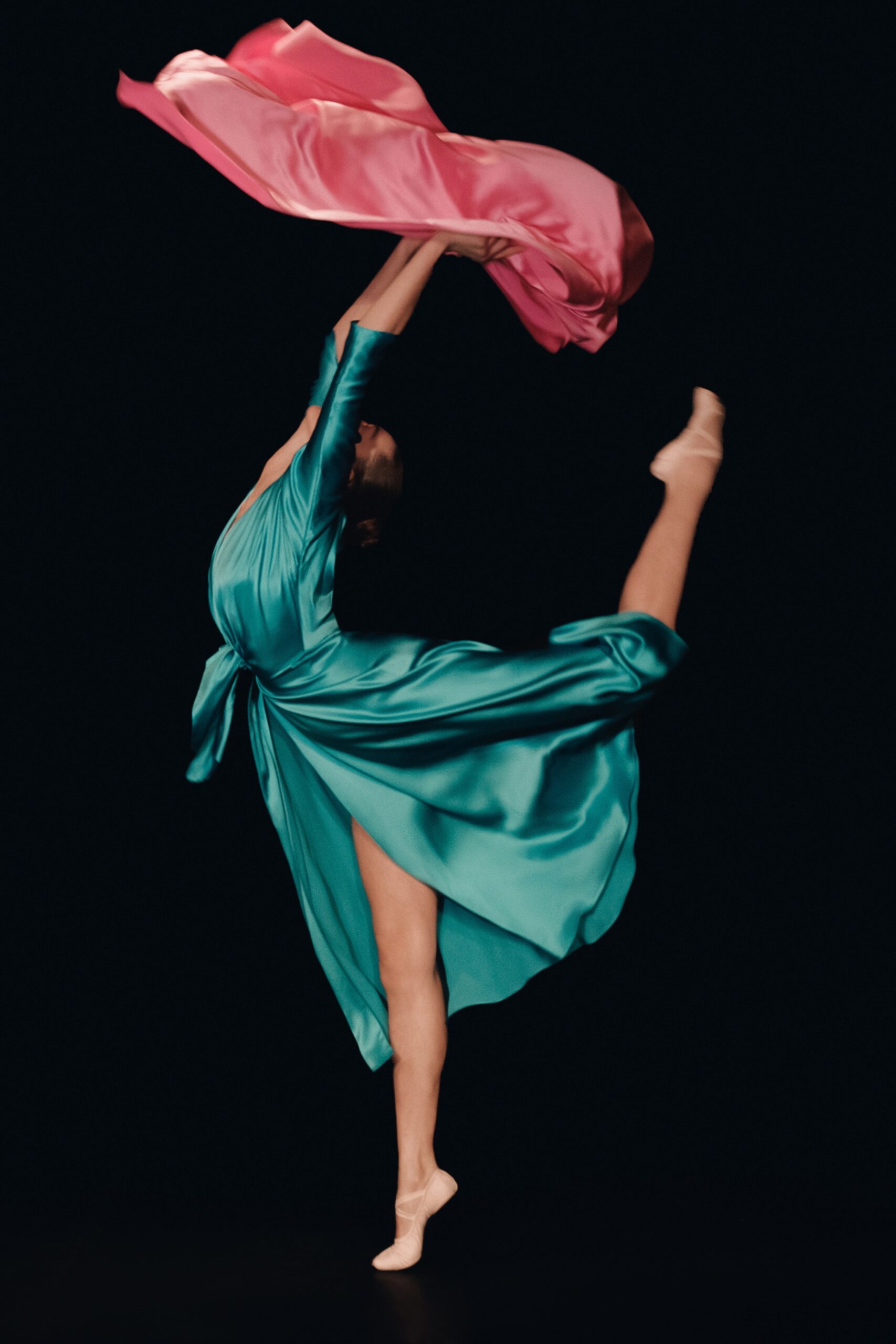 teal silk long-sleeve v-neck fitted draped flowing dress