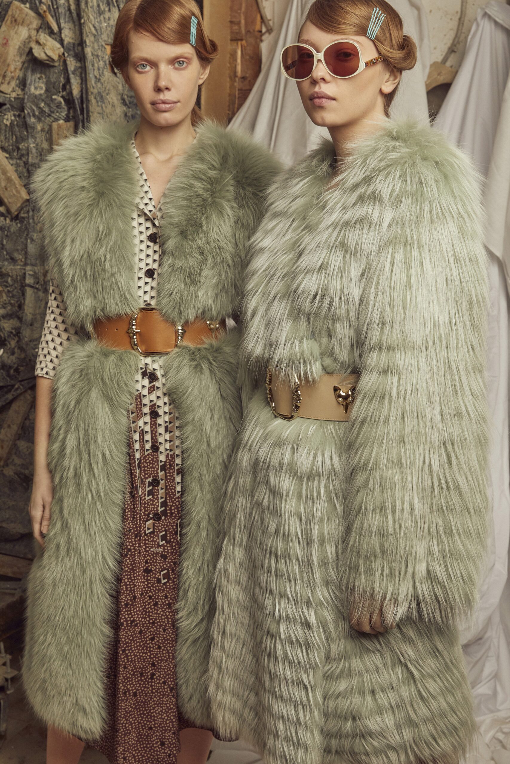 green faux-fur long-sleeve relaxed belted coat