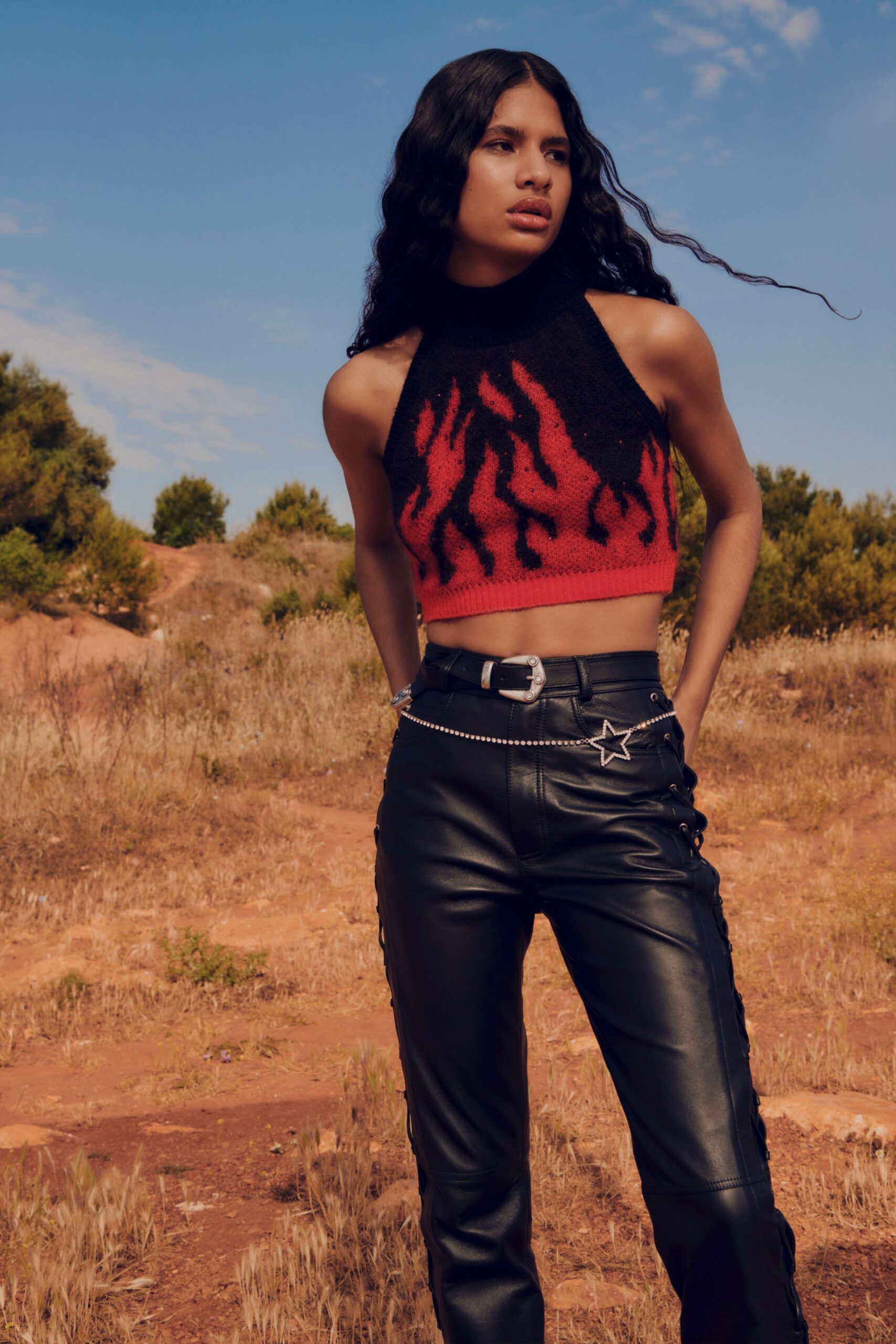 red cotton sleeveless high-neck fitted cropped crop-top