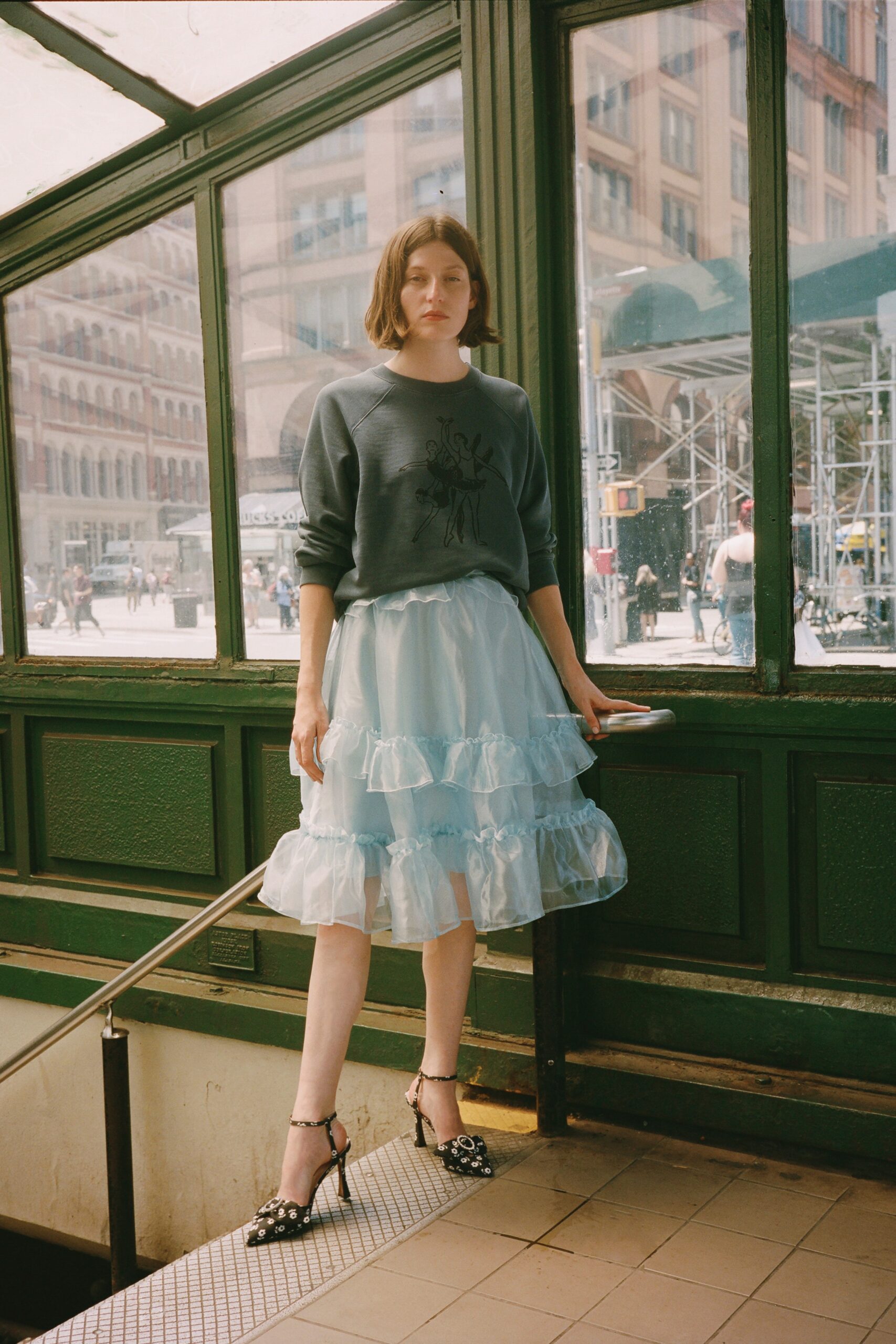 blue tulle fitted tiered flowing midi skirt