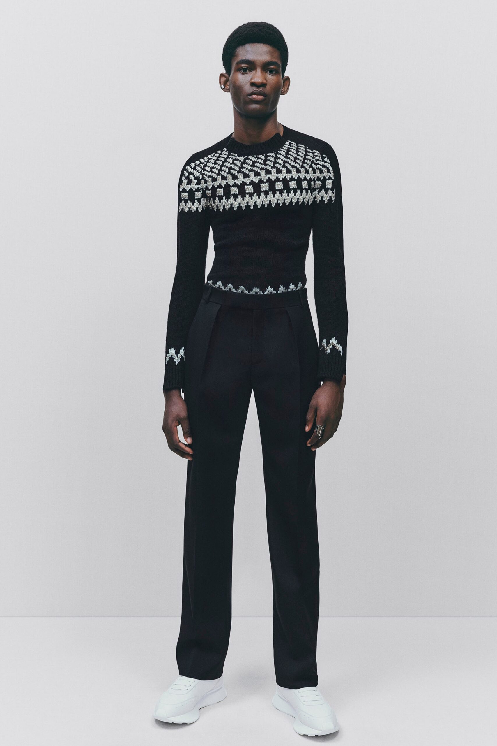 black wool long-sleeve collared fitted embroidered top