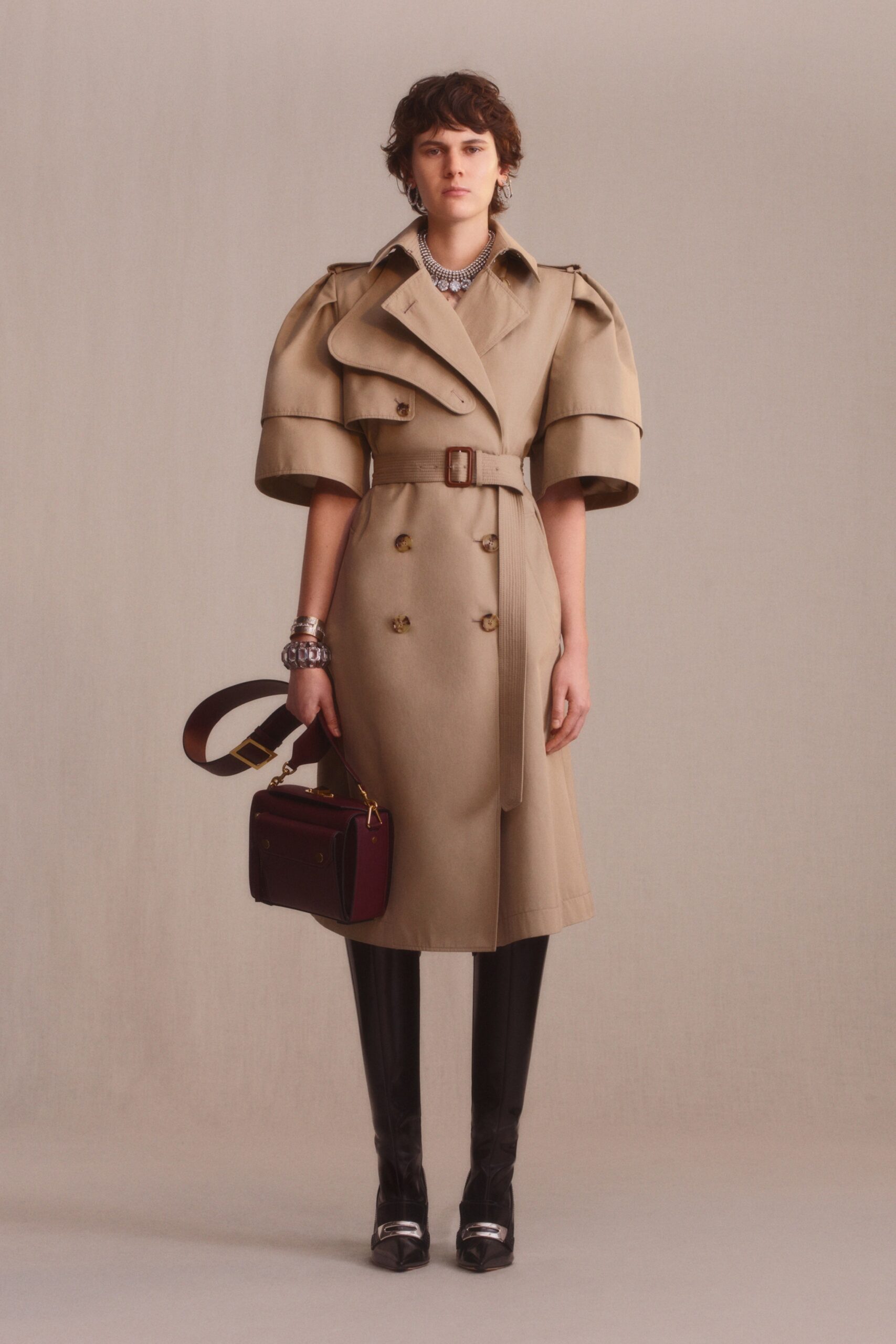 beige cotton long-sleeve collared structured belted trench