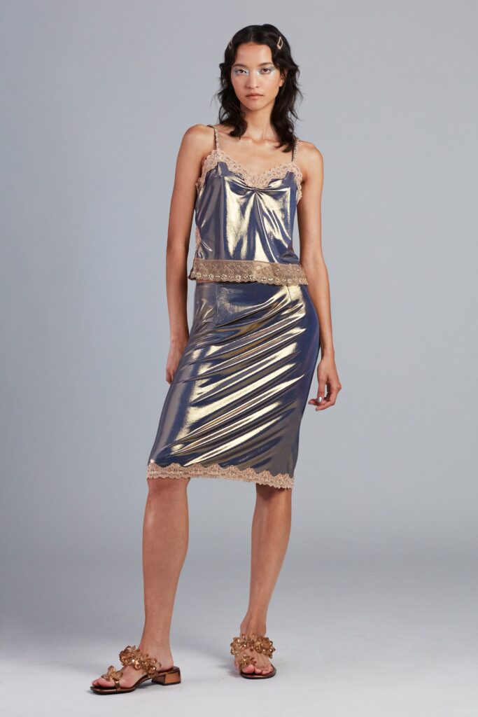 gold metallic fitted top and skirt