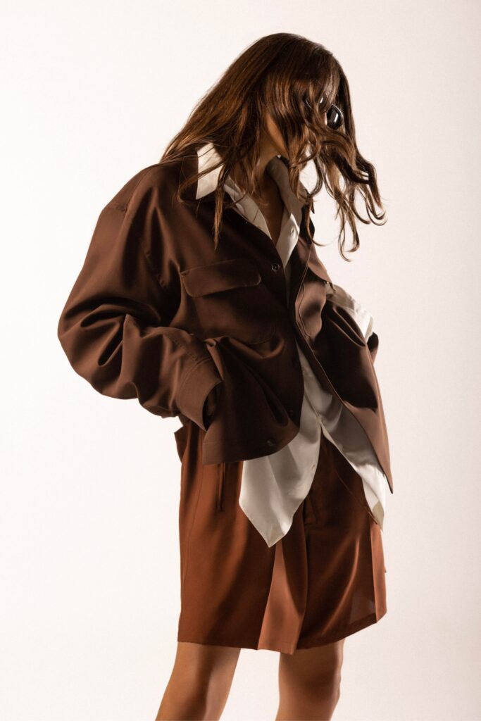 brown oversized jacket with white shirt
