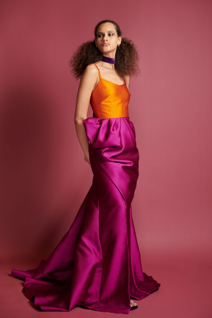 orange and pink satin gown