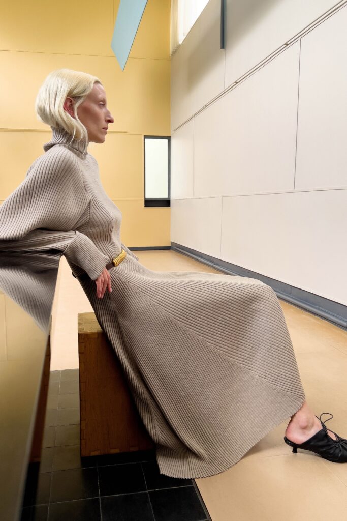 A relaxed beige knit long-sleeve dress with a turtleneck and maxi length.