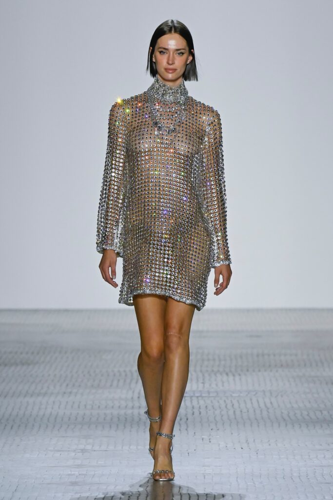 A fitted silver metallic dress with long sleeves and a high neckline, featuring a sheer design.
