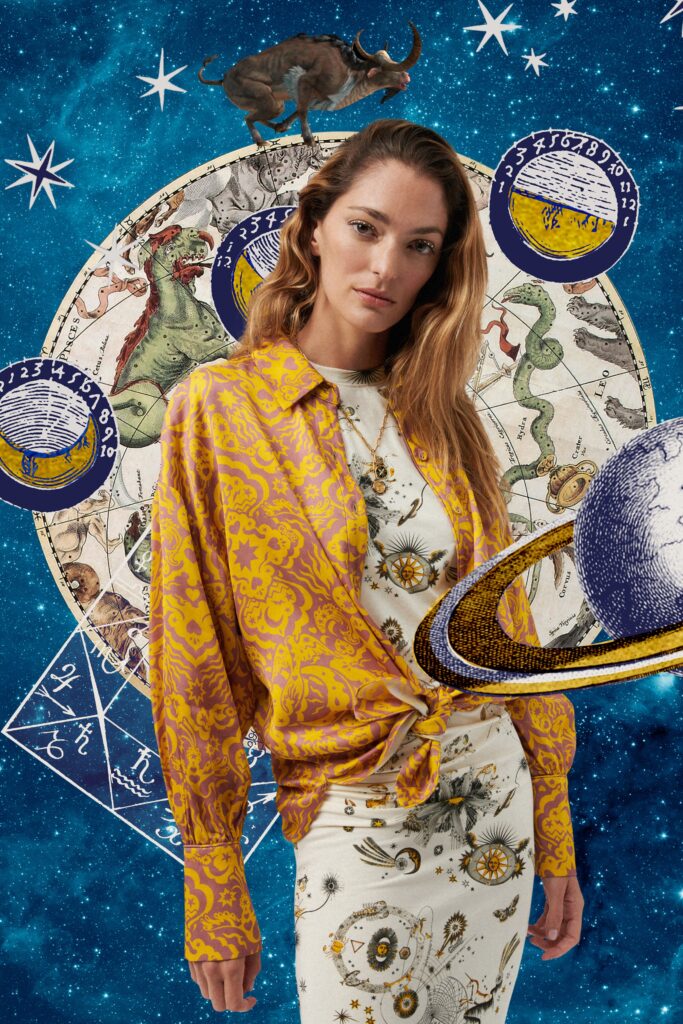A fitted yellow printed shirt dress with long sleeves and a collared neckline.
