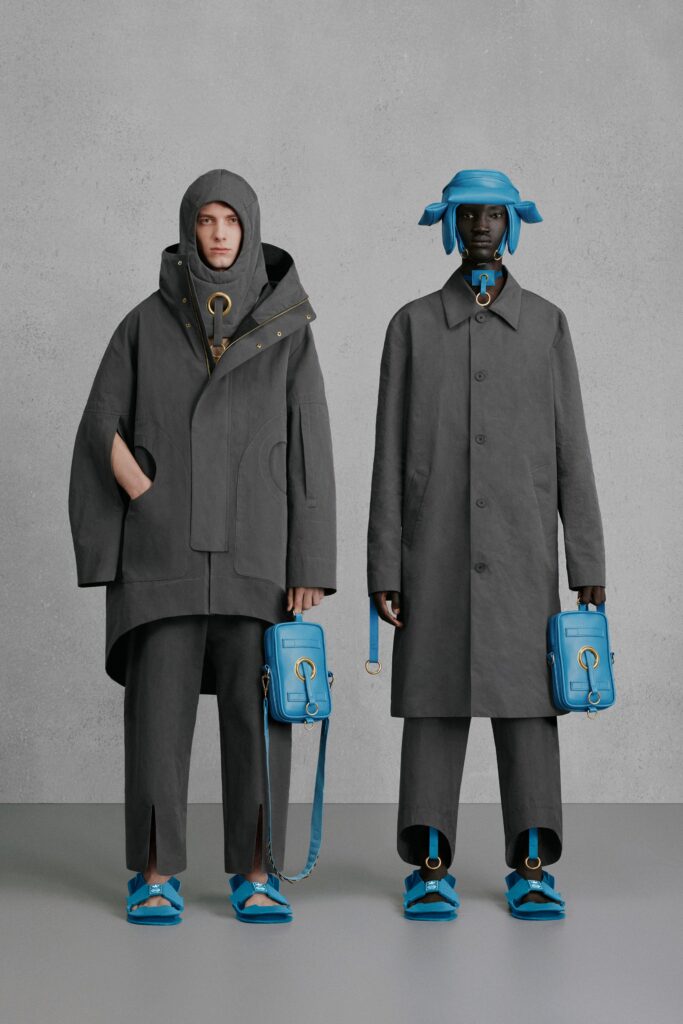 gray oversized coat with blue accessories