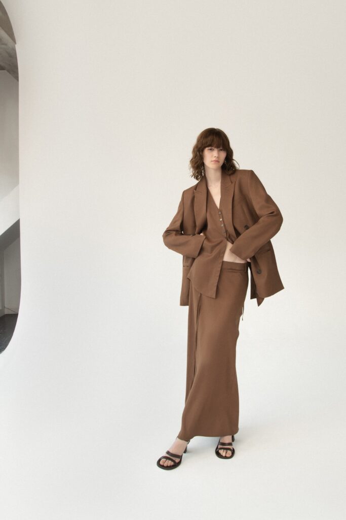 brown oversized blazer and fitted dress