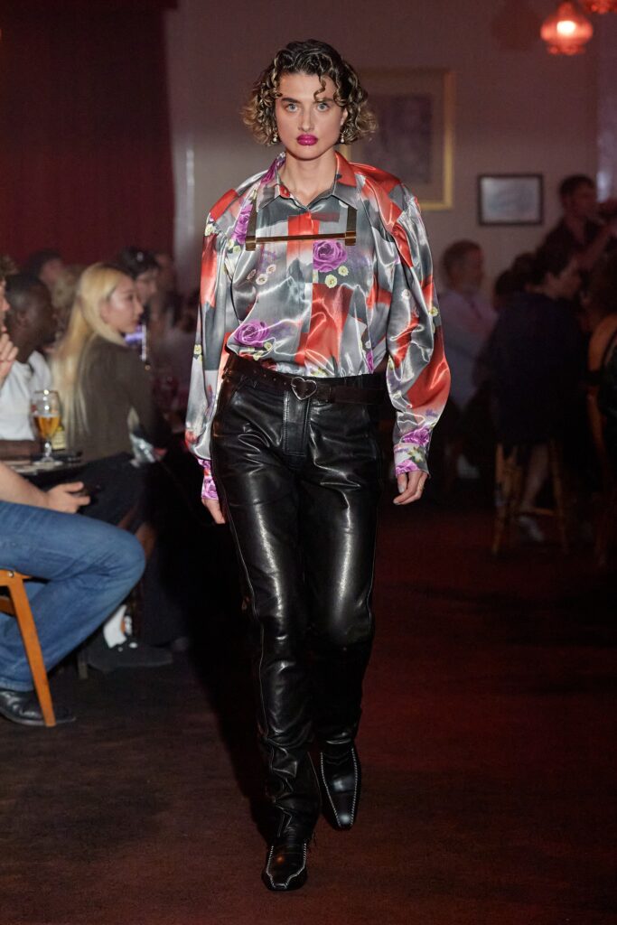 printed silk shirt and leather pants