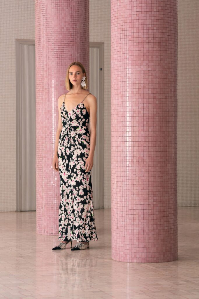 black floral silk midi dress