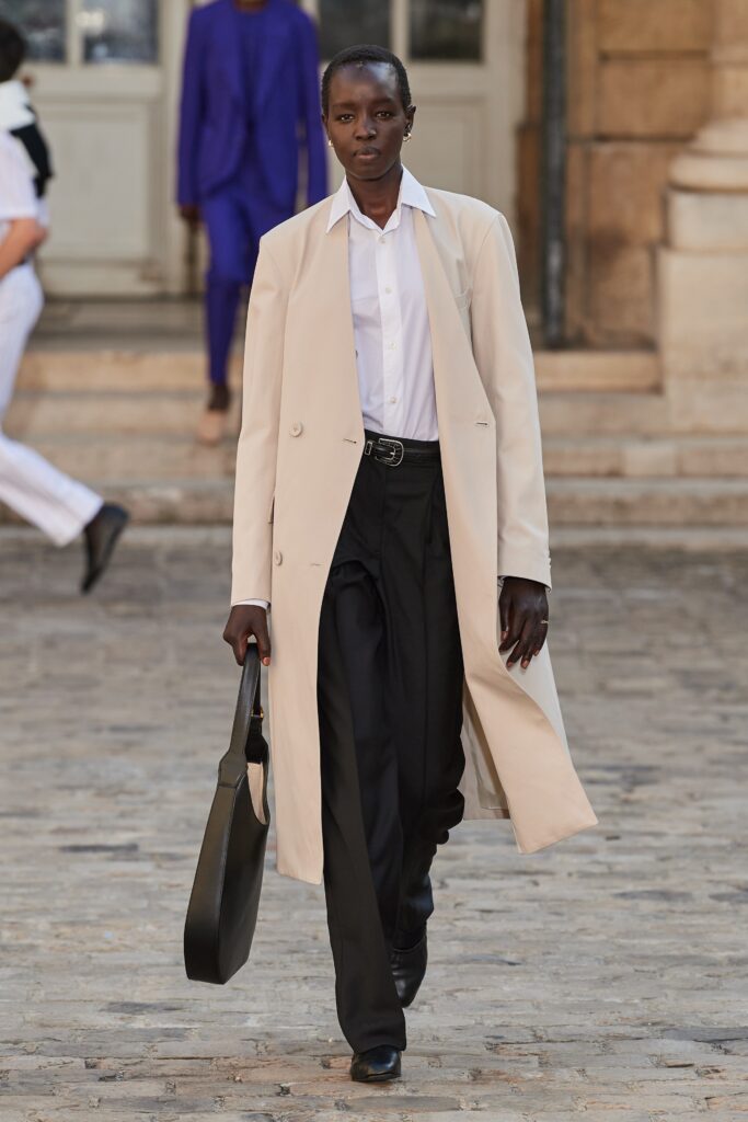 beige wool coat with tailored pants