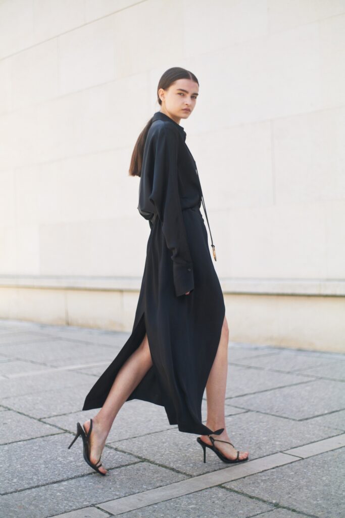 black silk long-sleeve dress
