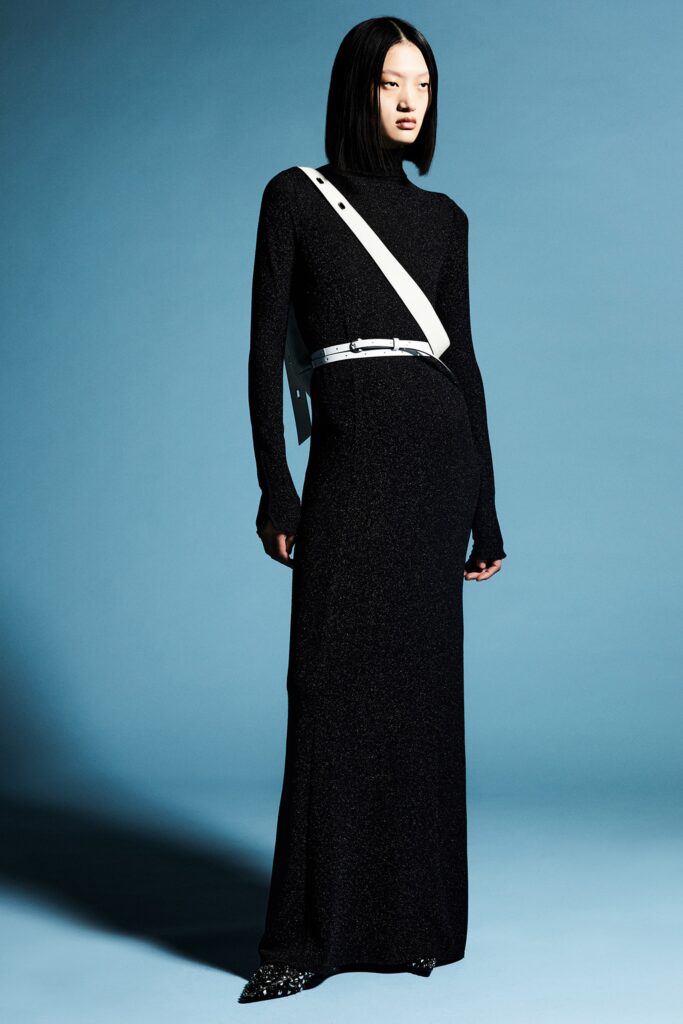 black silk fitted maxi dress with white belt