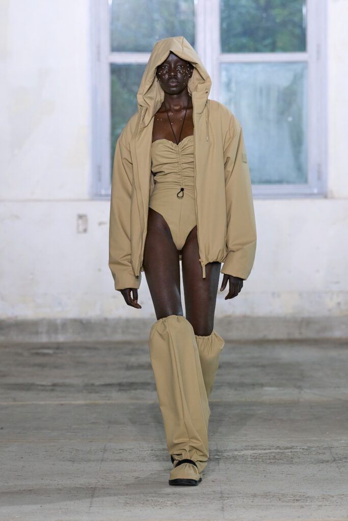 beige oversized hoodie with swimsuit