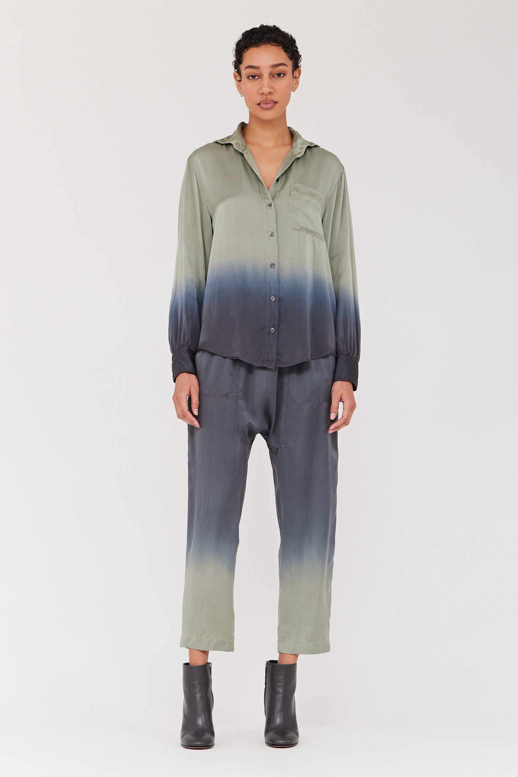 A relaxed-fit green and black silk shirt with long sleeves and matching pants featuring an ombre design.