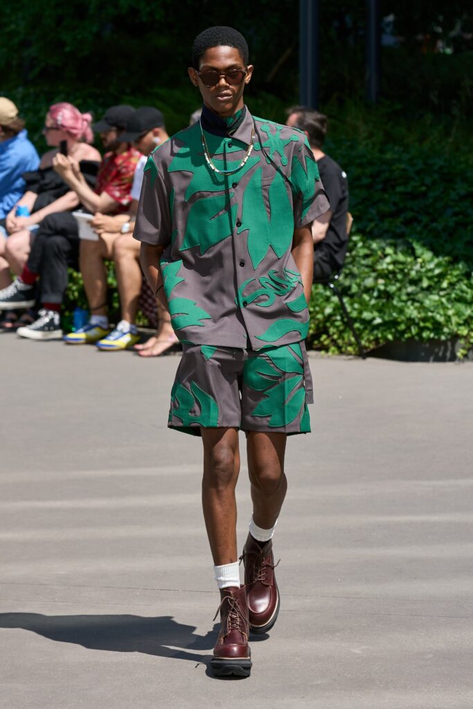 A relaxed-fit gray and green printed short-sleeve shirt paired with matching shorts.