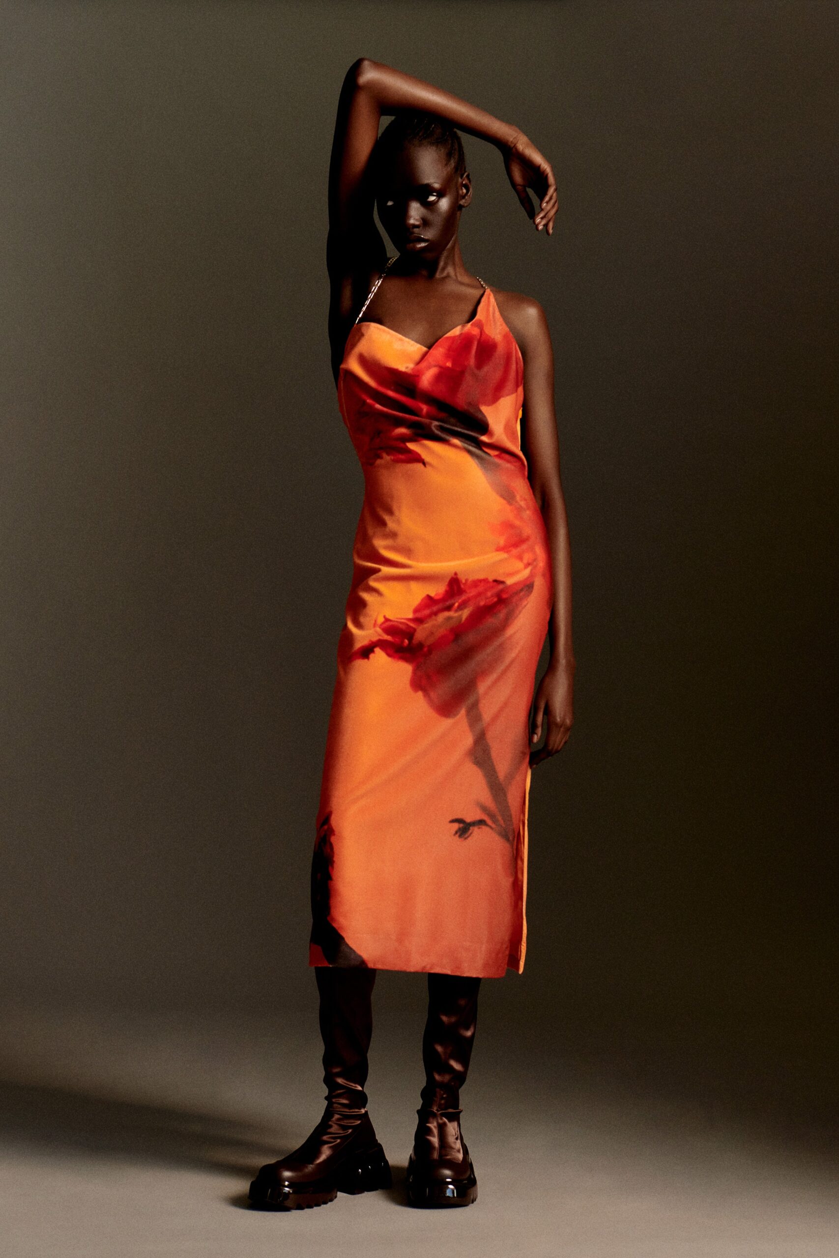 orange silk midi dress with boots