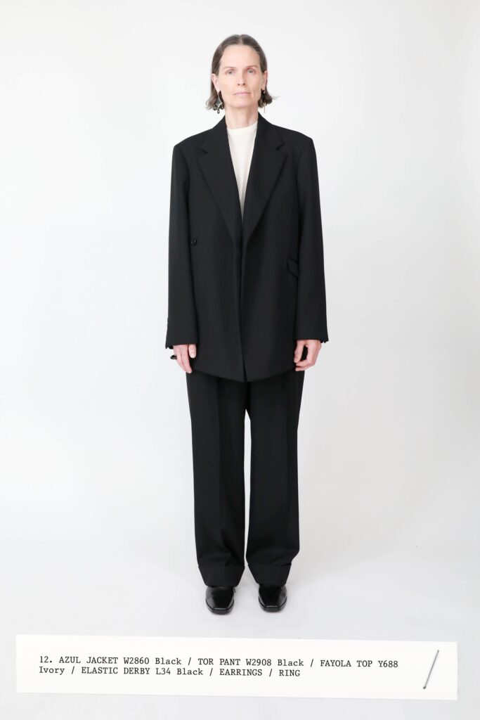 A relaxed black jacket with long sleeves and collared neckline paired with straight-leg pants.