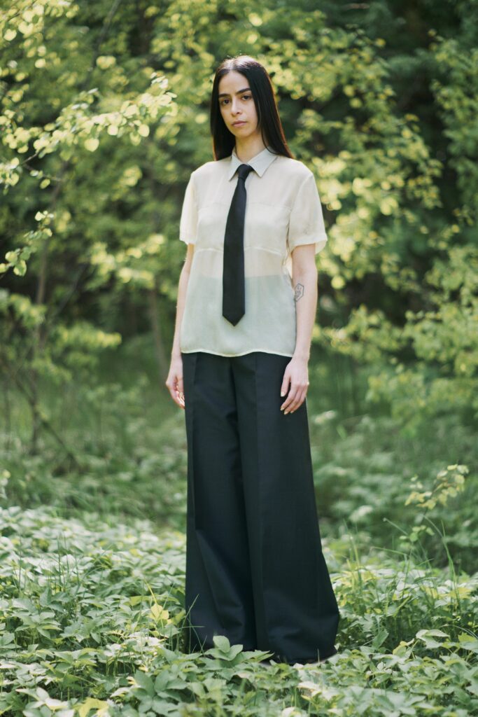 white silk shirt black tailored pants