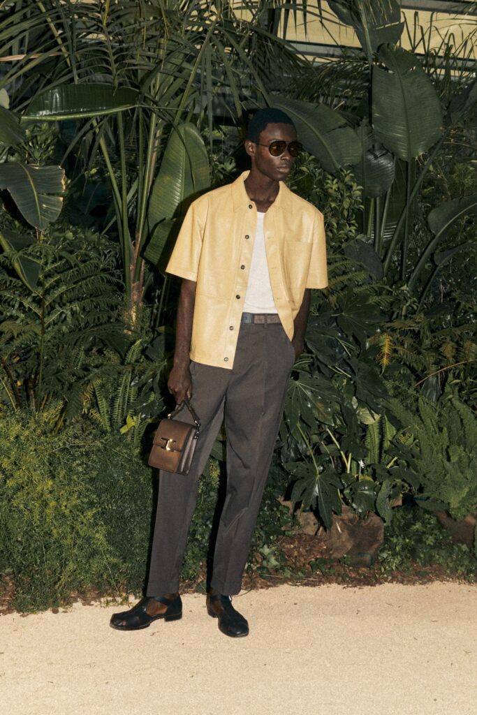 yellow relaxed shirt with gray pants