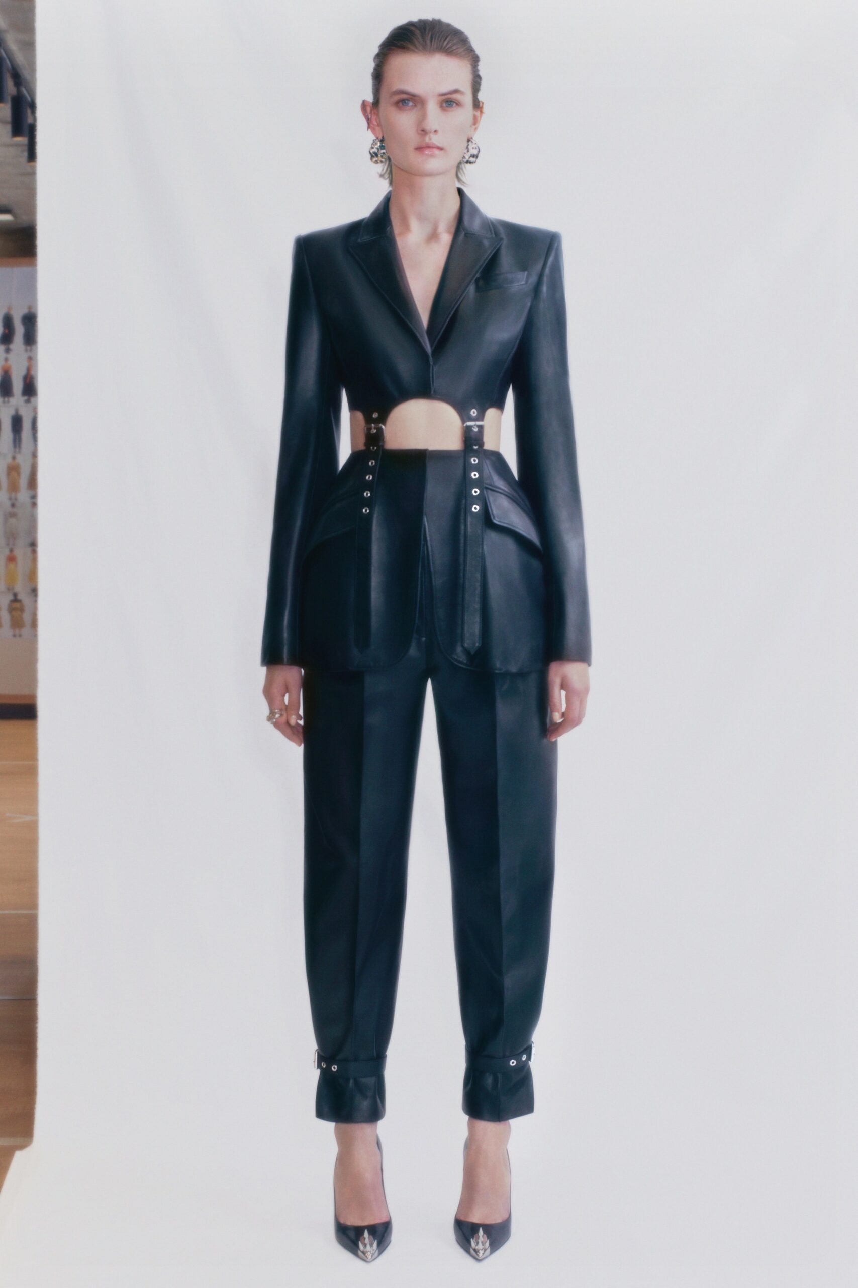 black leather fitted blazer and pants
