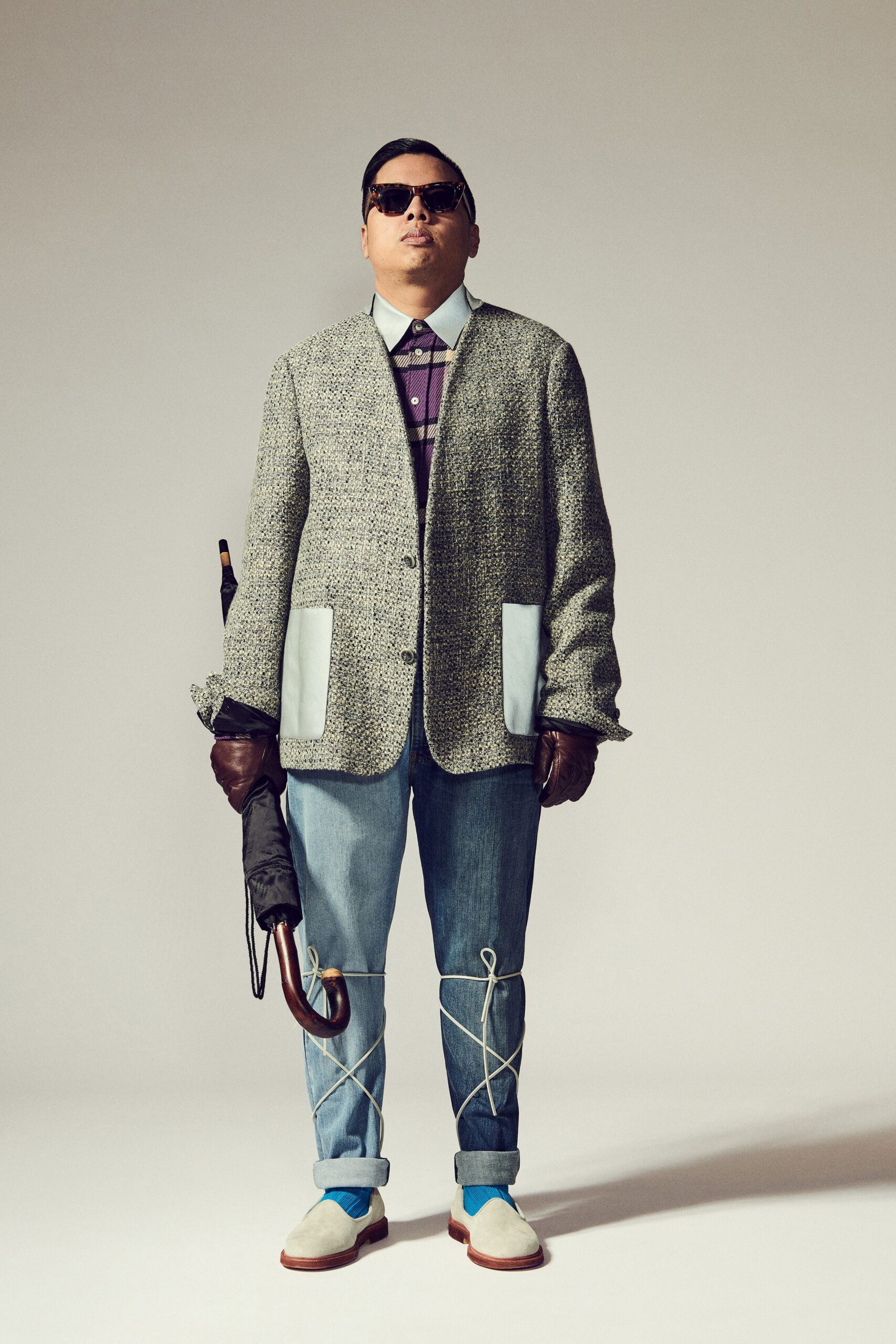 gray tweed blazer with purple shirt