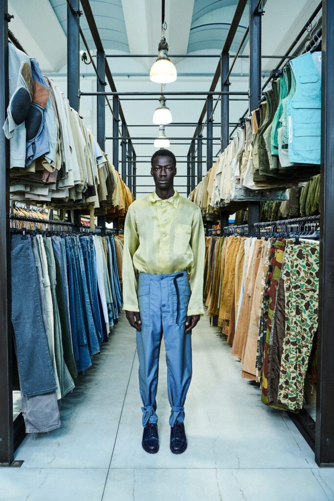 A relaxed yellow cotton long-sleeve shirt paired with straight-leg blue pants.