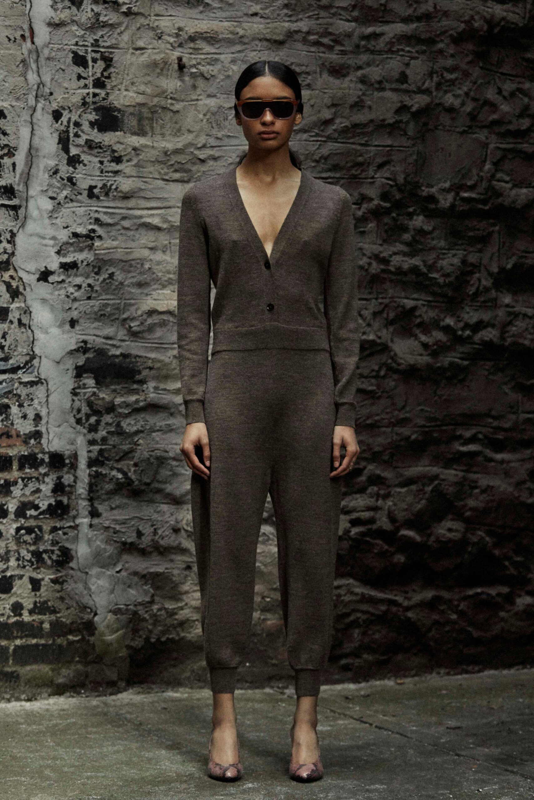 brown wool fitted jumpsuit