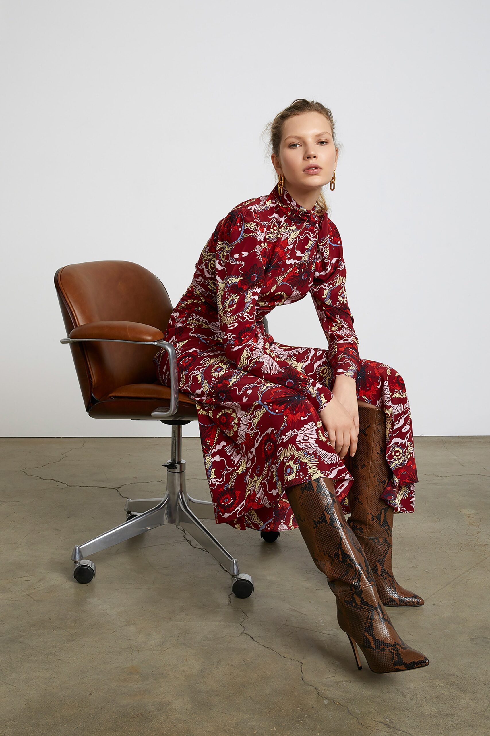 red silk midi dress with boots