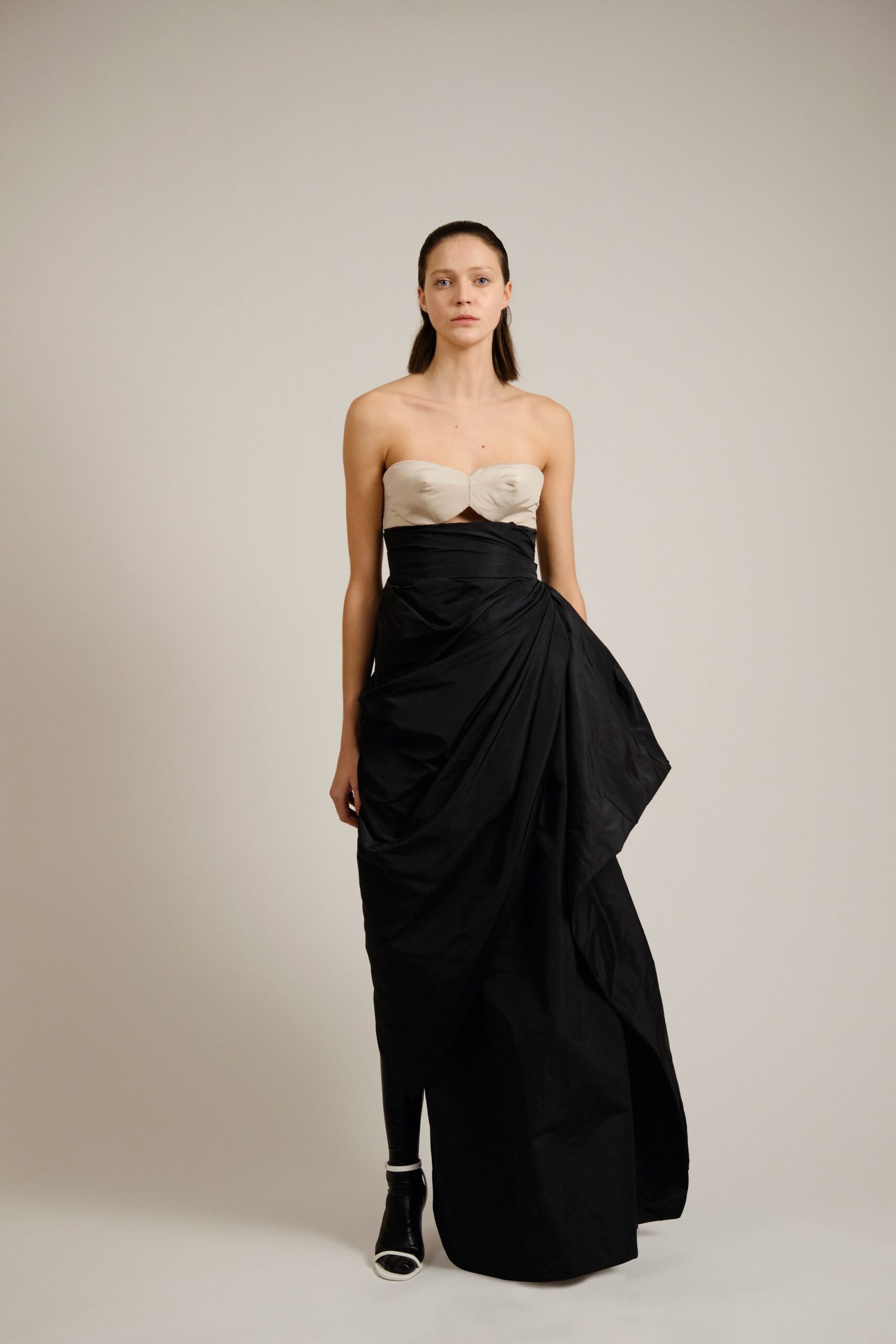 black silk strapless gown