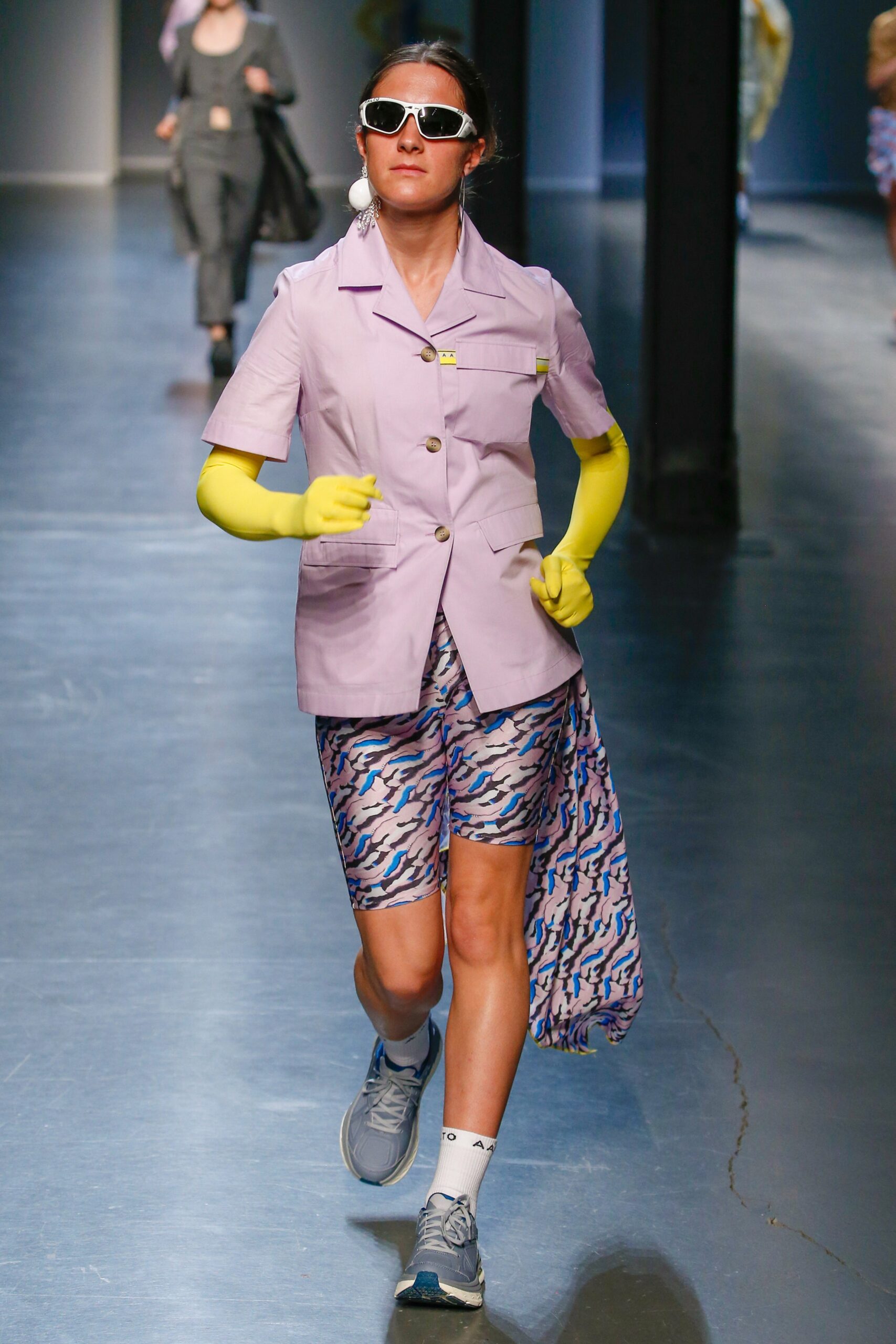 purple fitted blazer with multi shorts