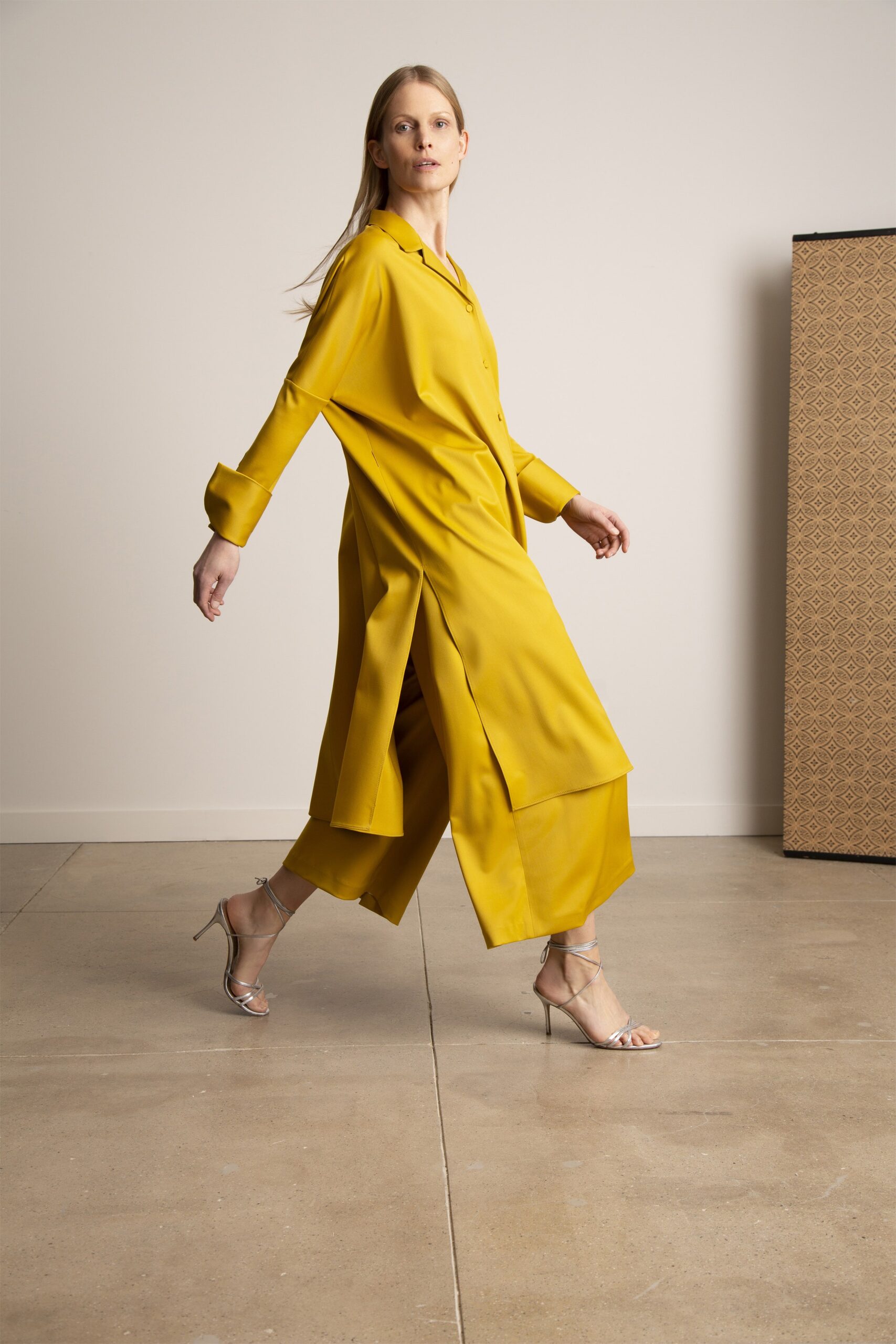 yellow silk relaxed midi dress