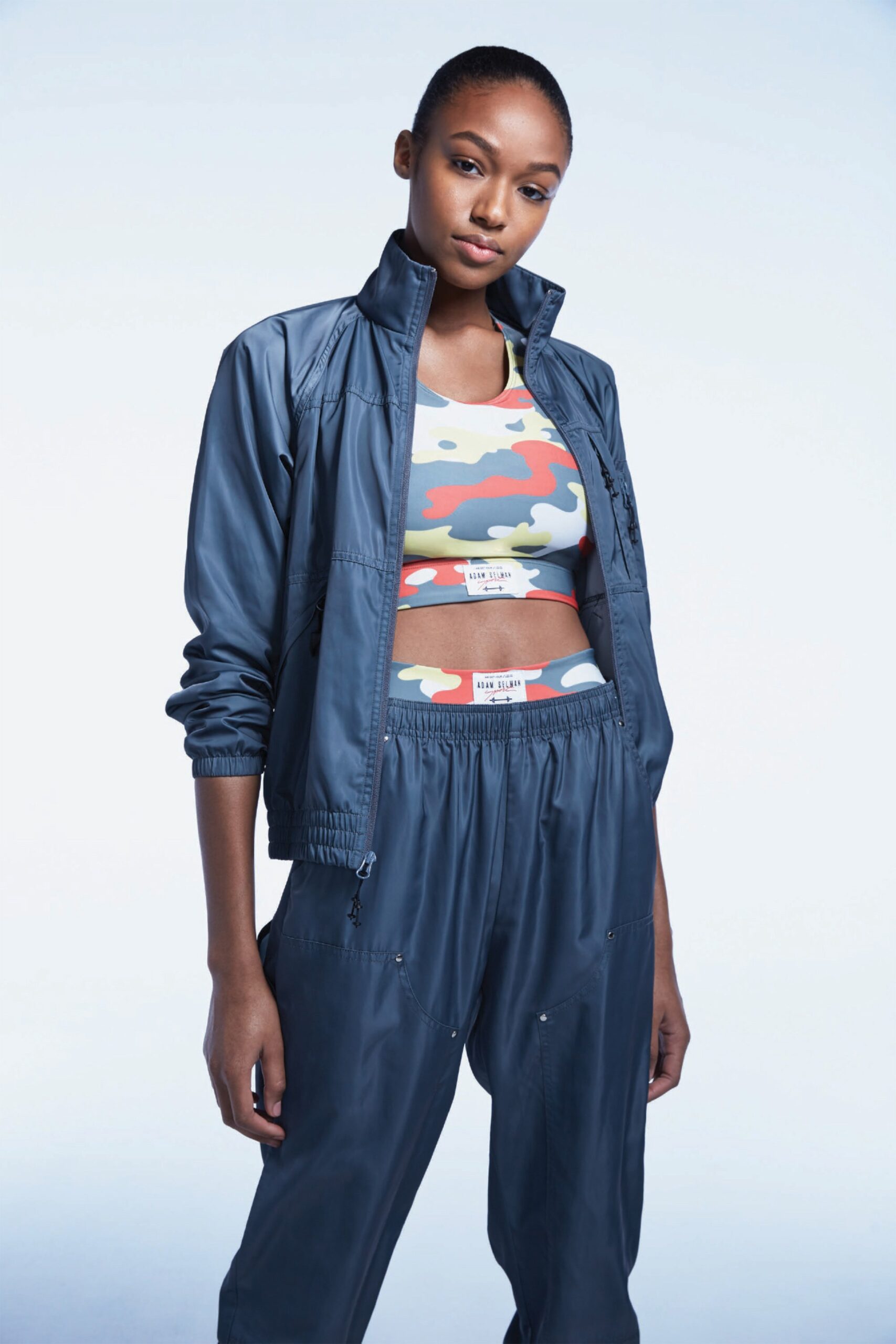 blue vinyl jacket with printed top