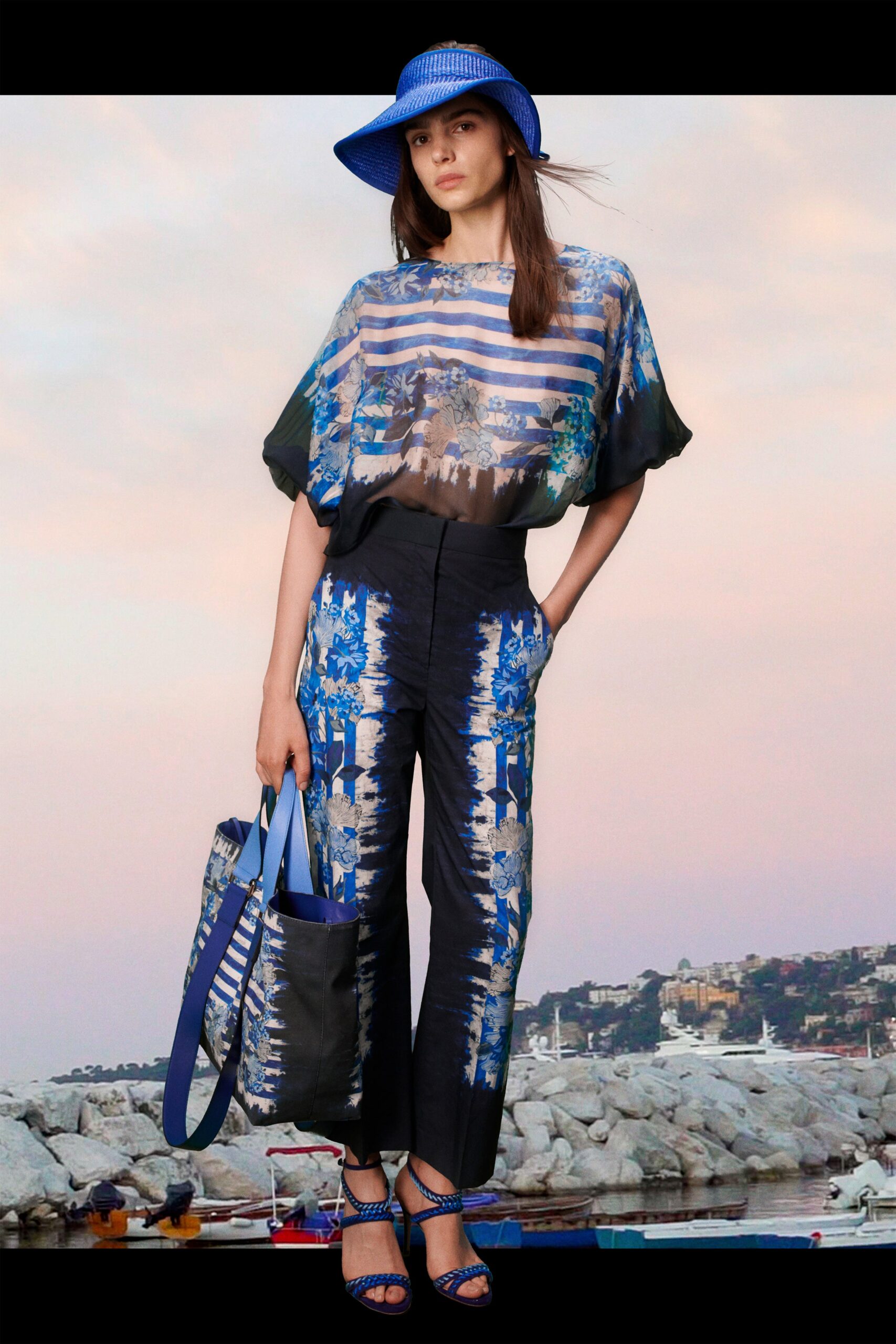 blue silk short-sleeve scoop-neck relaxed printed sheer top