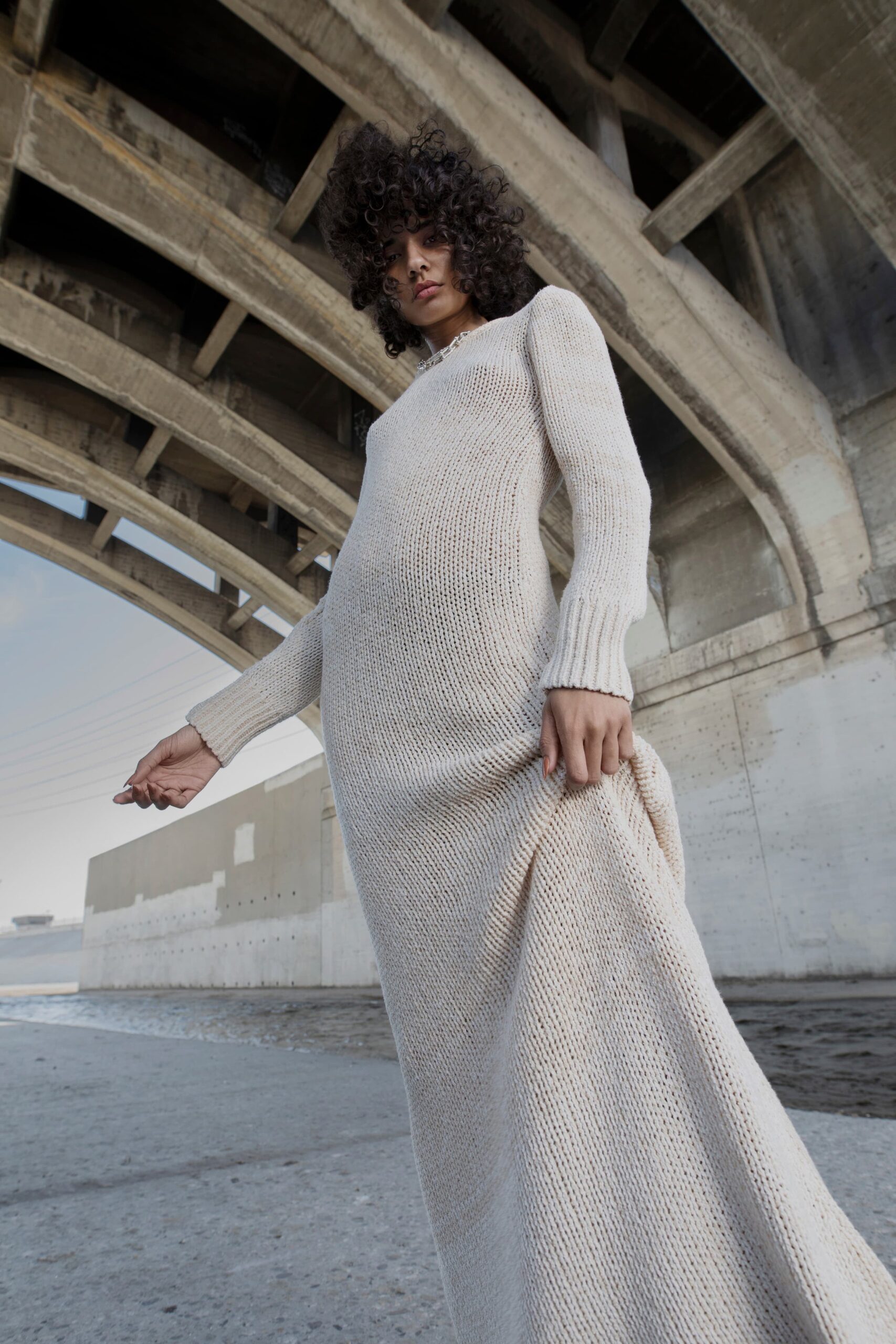 beige fitted knit maxi dress