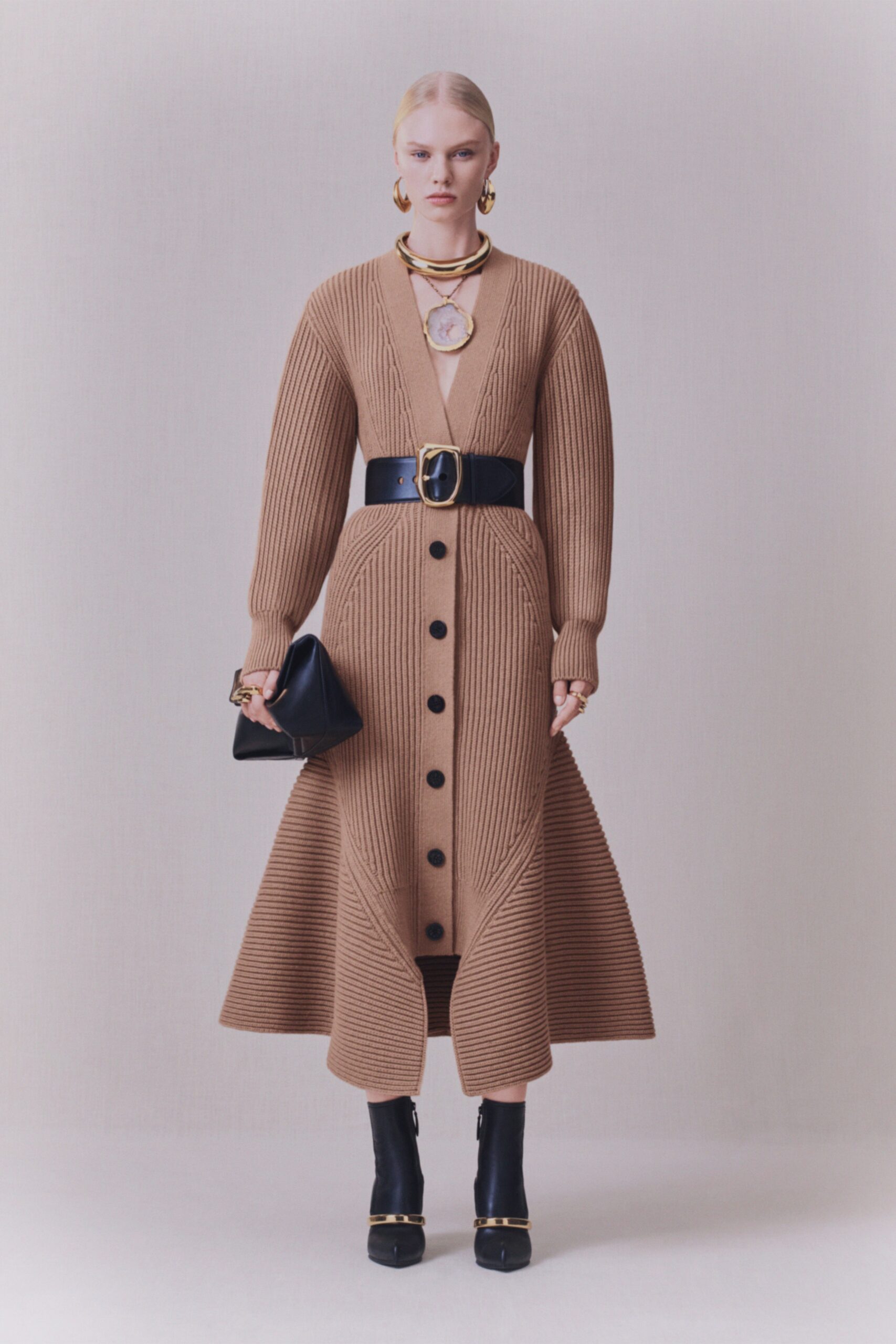 beige knit long-sleeve v-neck fitted buttoned ribbed dress